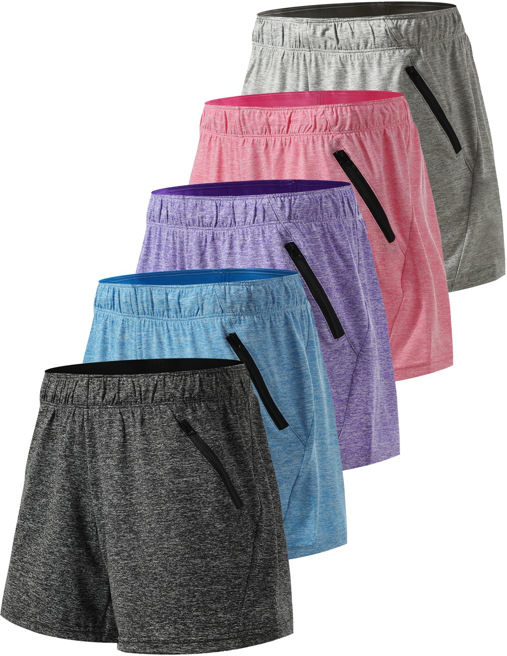 1 or 5 Pack Womens Lounge Workout Shorts with Zipper Pockets 5" Inseam Lightweight Athletic Casual Shorts
