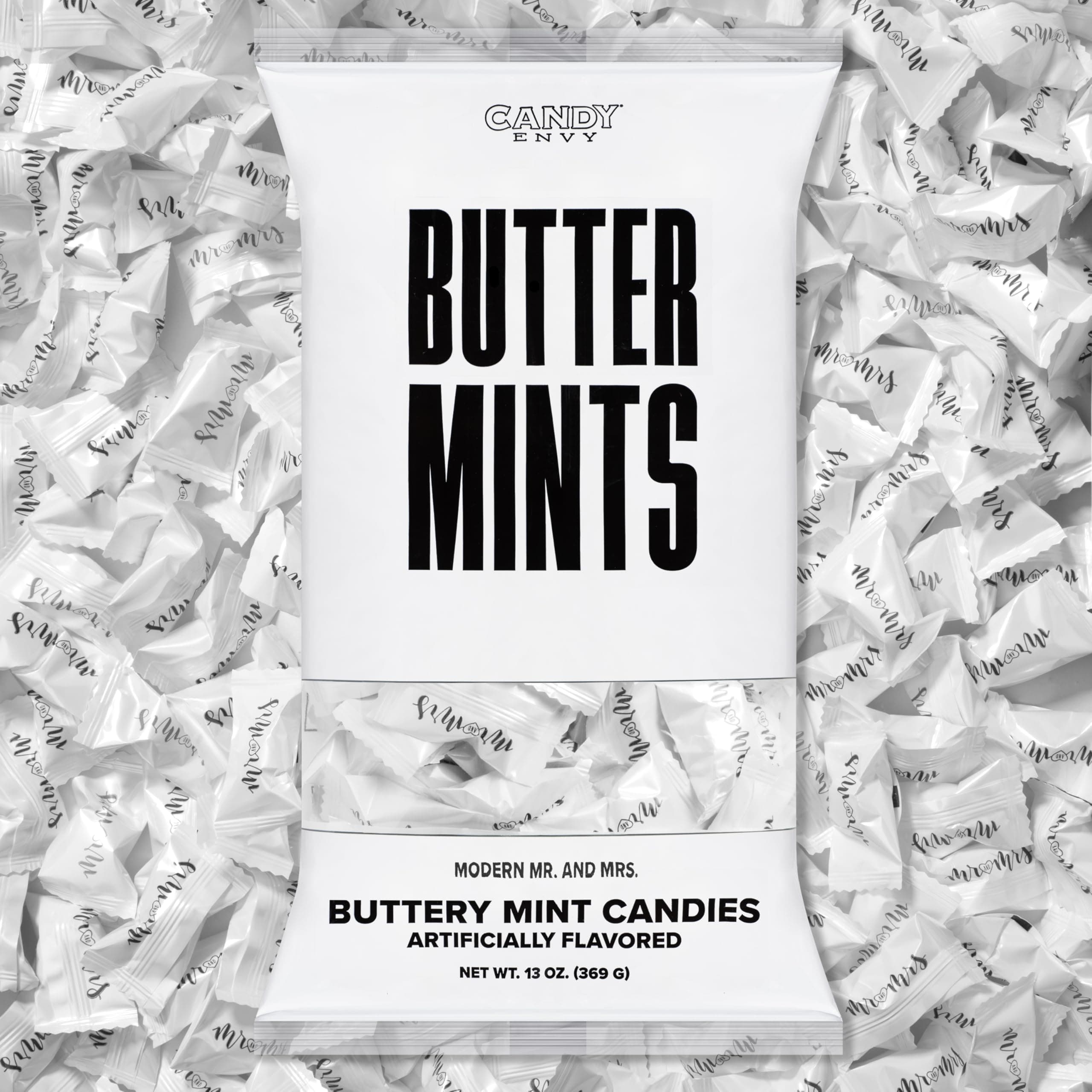 Candy Envy - Modern Mr. and Mrs. Buttermints - 13 oz. Bag - Approximately 100 Individually Wrapped Mints - Wedding Favors