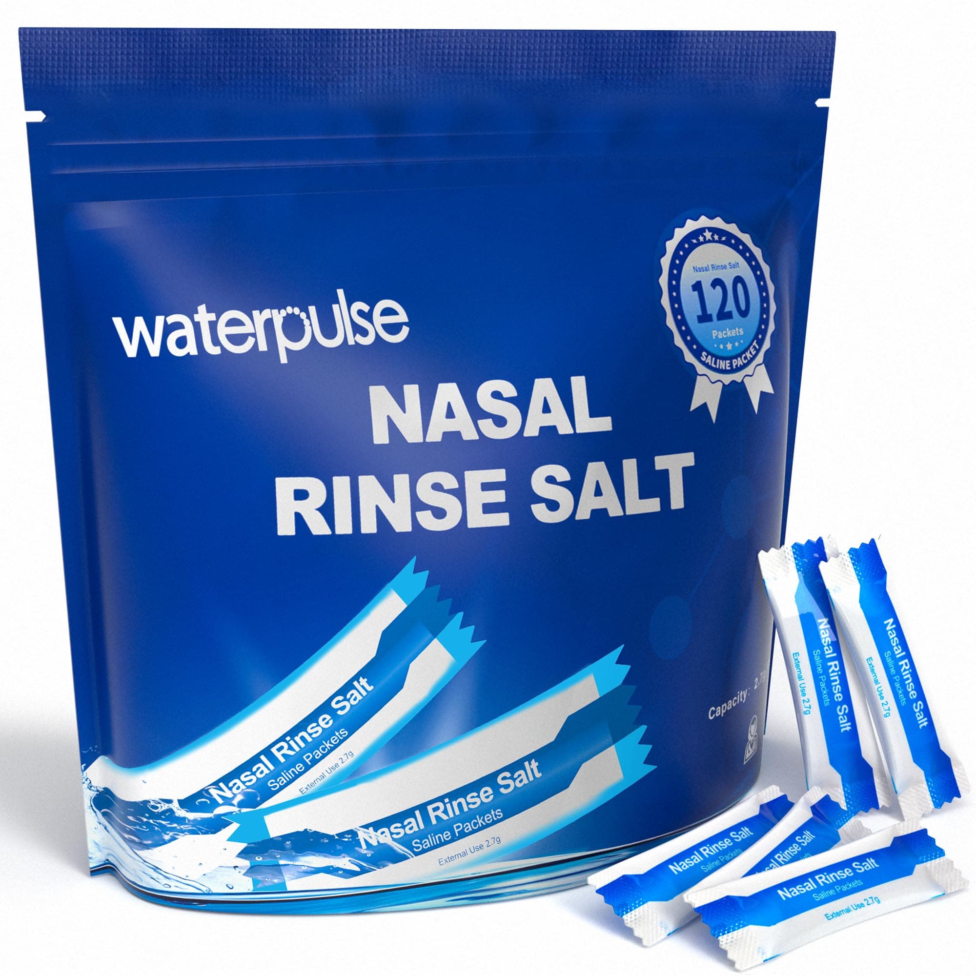Waterpulse 120 Saline Packets for Neti Pots, Nasal Irrigation System with Sinus Relief, Individually Wrapped Salt Packets for Nasal Wash and Squeeze Bottle