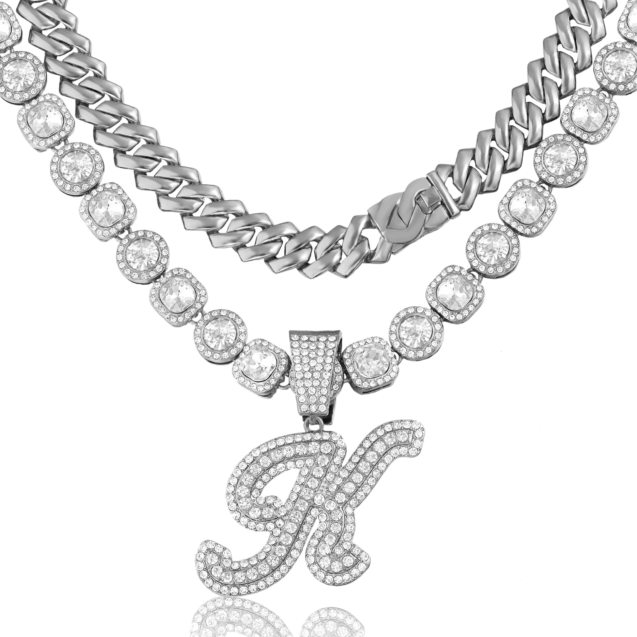 2pcs Cuban Link Chain for Women Cursive Silver Initial Necklace Cuban Link Necklace for Women Hip Hop Iced Out Chain Necklace Bling Diamond 14mm Cuban Chain Letter Name Hip Hop Jewelry