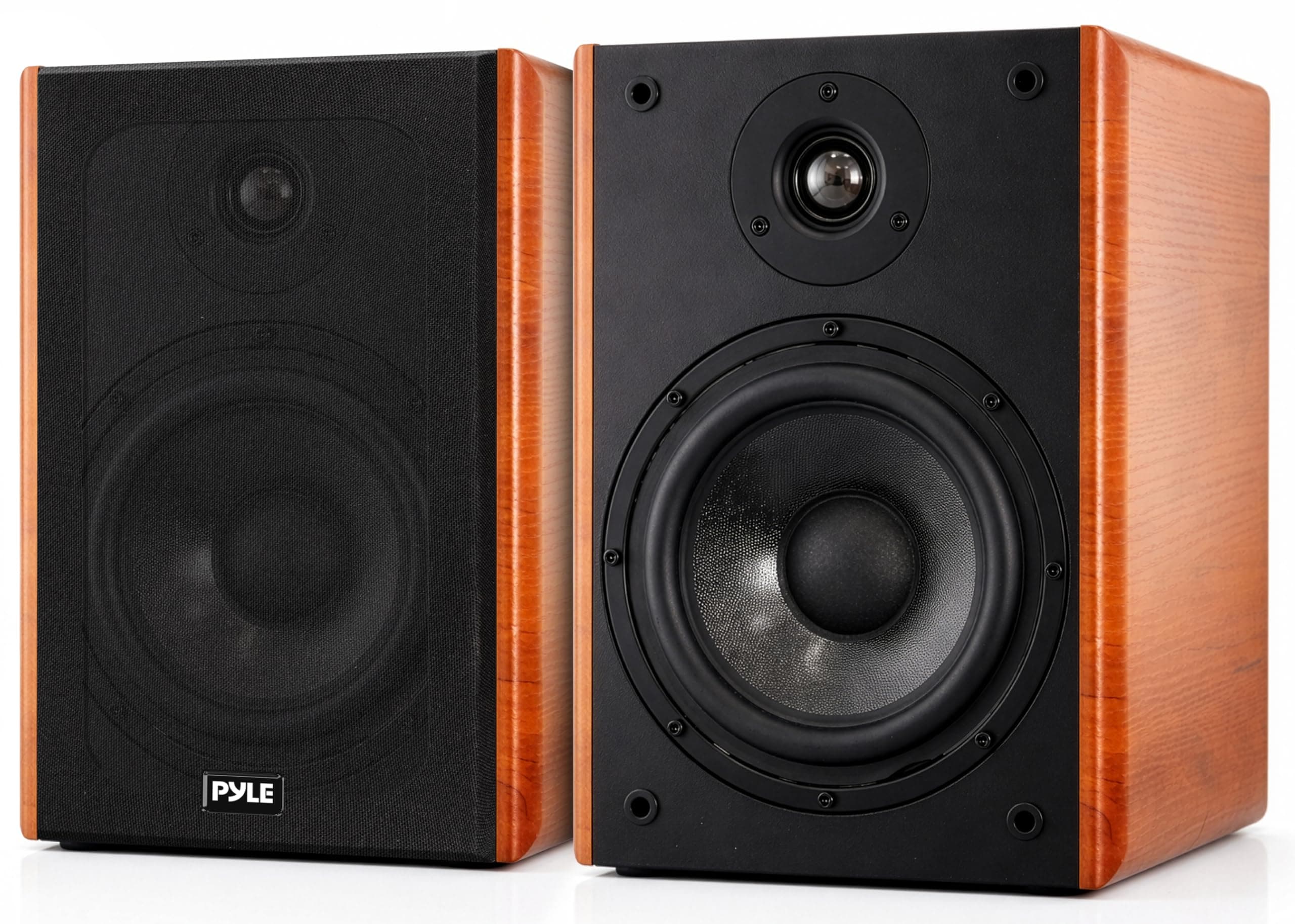 5.25" Home Audio Speakers, 2-Way Passive Bookshelf, 200W Max Power, 1" Silk Dome Tweeter, Composite Woofer, Gold Plated 5 Way Binding Post, Rubber Surrounds, Beautiful Wood Grain Finish - Pair