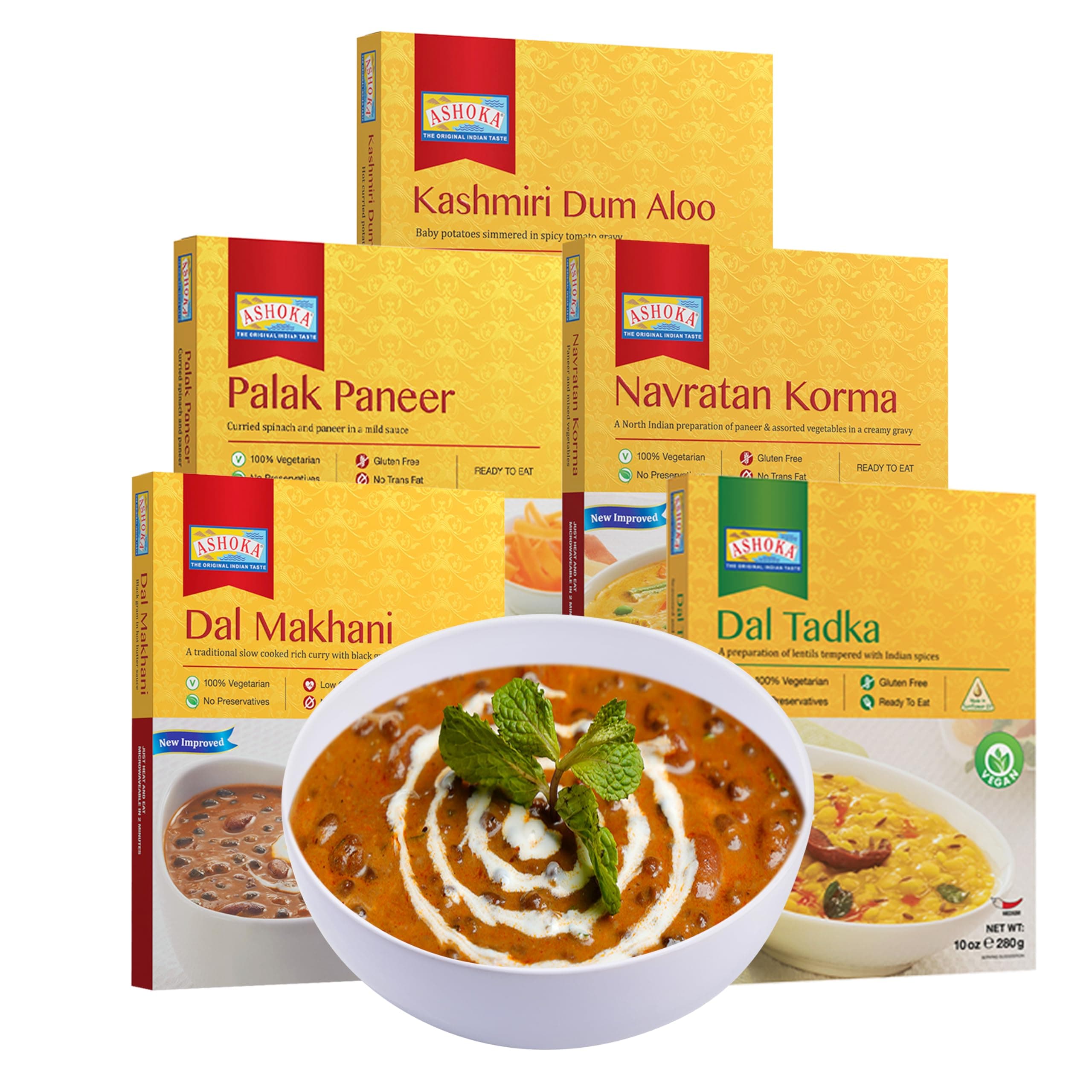 Ashoka Microwaveable Entrees 1932, Vegetarian Sampler Kit, Heat & Serve Meal Pack, Kosher Certified Variety Pack, Authentic Indian Cuisine, Instant Meals, Gluten-Free with No Preservatives, Pack of 5