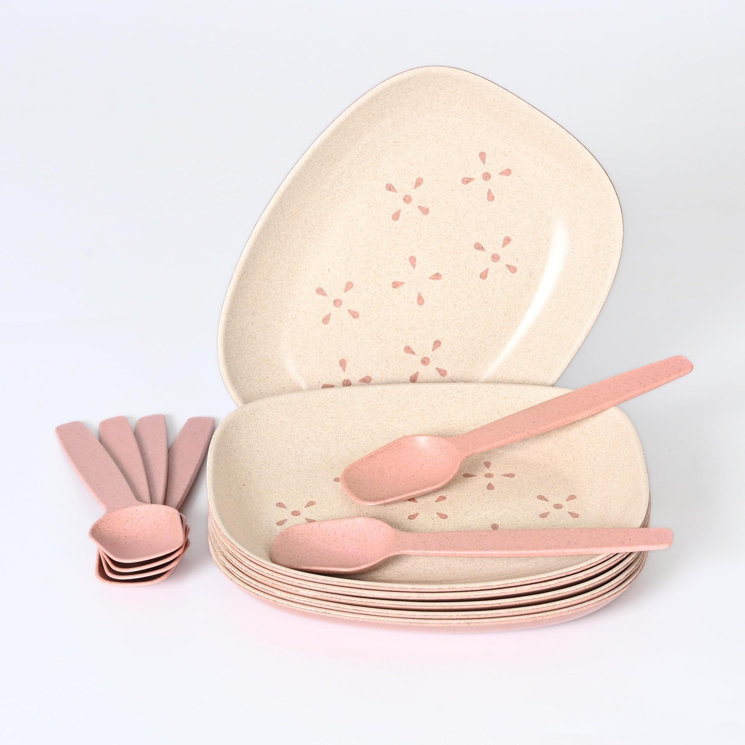 Eha Earth-Friendly Small Snack Serving Plates Set of 6 with Spoons | 6 inch | Small Snack Plates Made with Bamboo Fibers & Rice Husk Fiber | Microwave Safe | Dessert Plates | Innocent