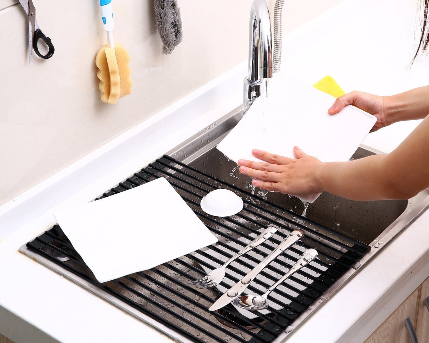 ULWHome Silicone Over Stainless Steel Multipurpose Roll-Up Dish Drying Rack - Black