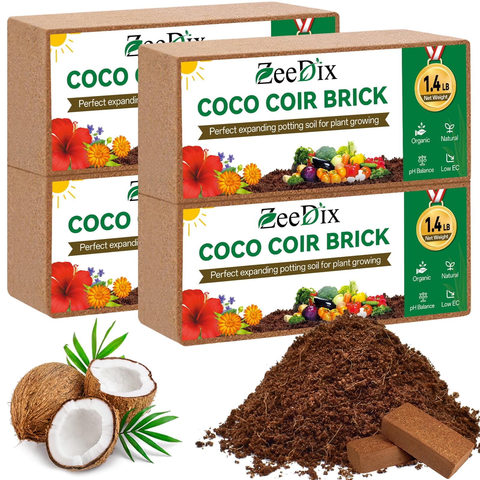 ZeeDix 4 Pcs Premium Coco Coir Brick - 100% Organic Compressed Coconut Coir Starting Mix, Coco Fiber with Low EC and PH Balance for Gardening, Potting Soil, Herbs