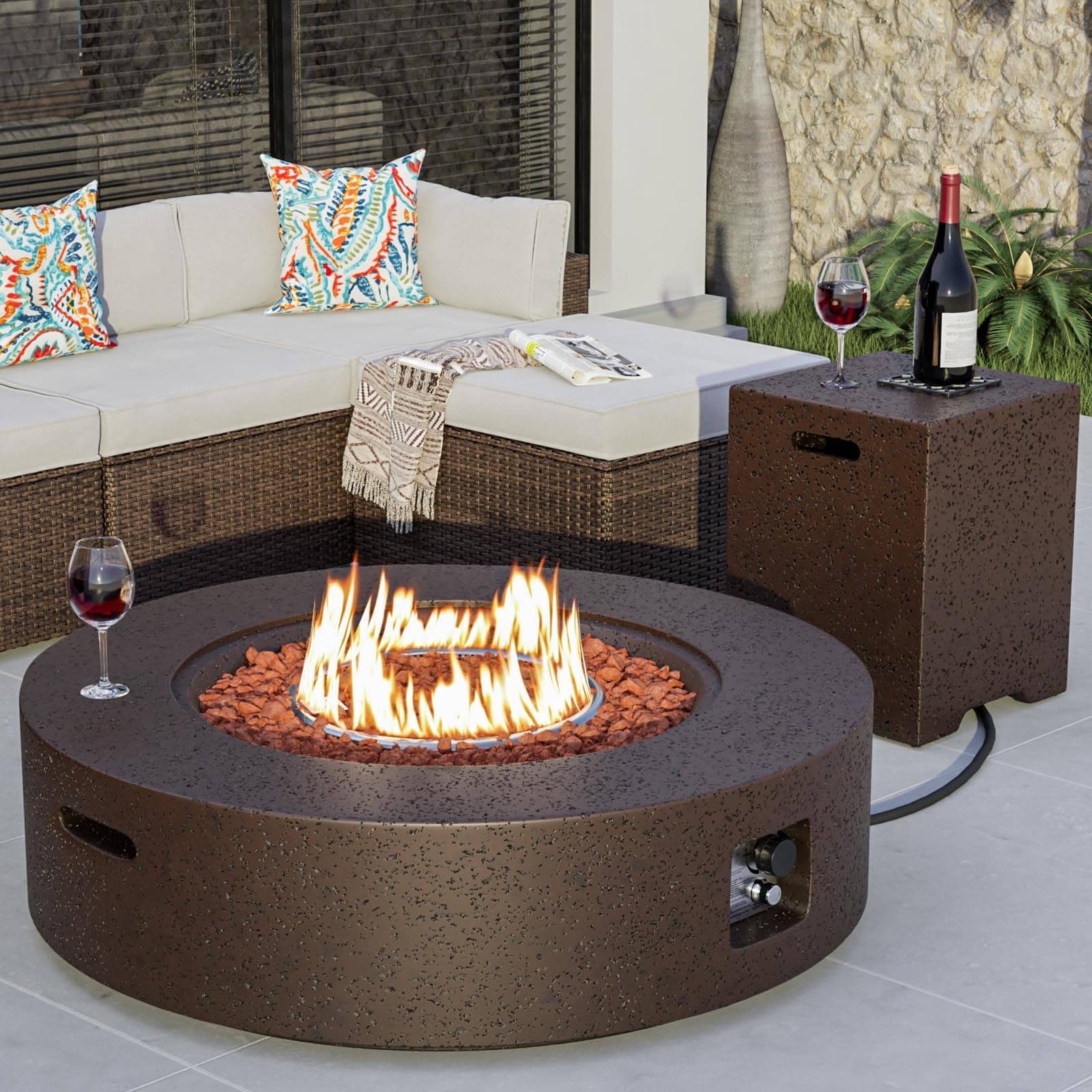42 inch Outdoor Propane Fire Pit Coffee Table w Concrete Round Base Patio Heater, Certified, 50,000 BTU Stainless Steel Burner, Free Lava Rocks, Rain Cover, Tank Cover