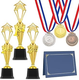 12 Pcs 1st 2nd 3rd Place Trophy Set 3 Award Medals in Gold Silver Bronze 3 Certificate Holders with Pages for Sports Basketball Soccer Competitions Reward Ceremony