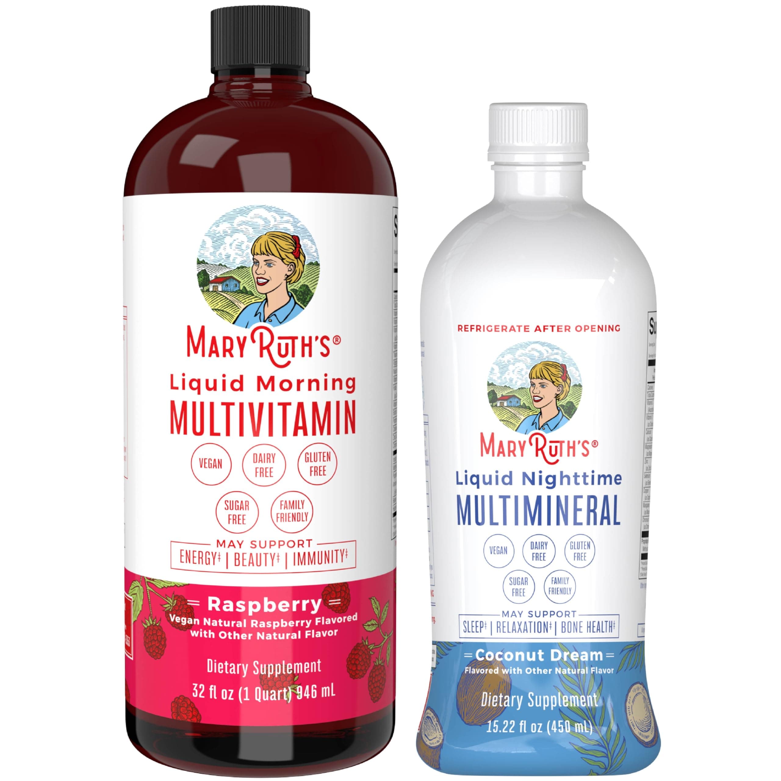 Liquid Morning Multivitamin Raspberry (32oz) & Liquid Nighttime Multimineral Coconut (15.22oz) | Sugar-Free, No Melatonin | Vegan, Non-GMO | Supports Sleep, Beauty, and Overall Health