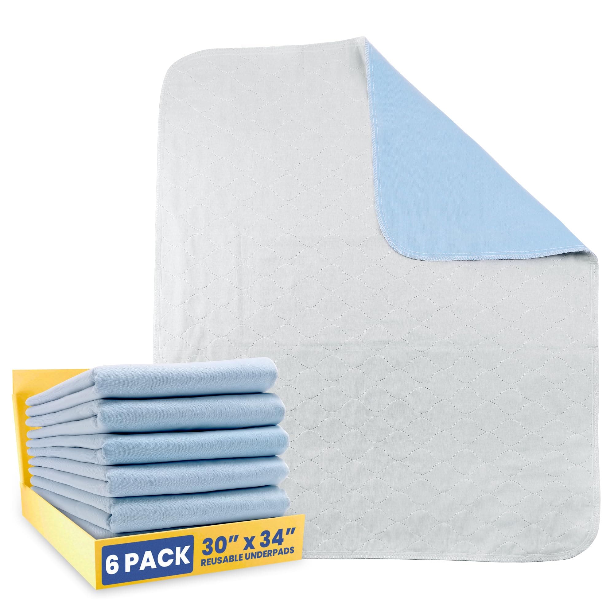 Asani 6 Pack Reusable Underpads, 30” x 34” Incontinence Bed Pads for Adults, Kids & Pets with Super Absorbent Layer and Washable Waterproof Backing, Ideal for Cats, Dogs