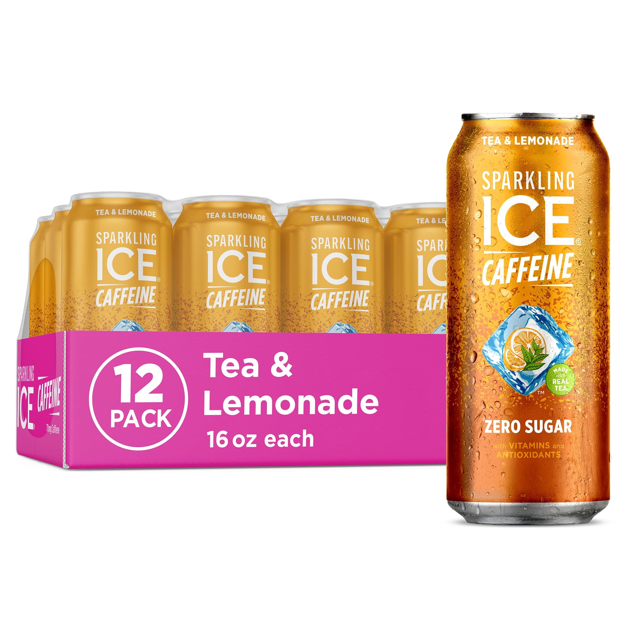 Caffeine Tea + Lemonade Sparkling Water with Caffeine, Zero Sugar, with Antioxidants and Vitamins,16 fl oz Cans (Pack Of 12)