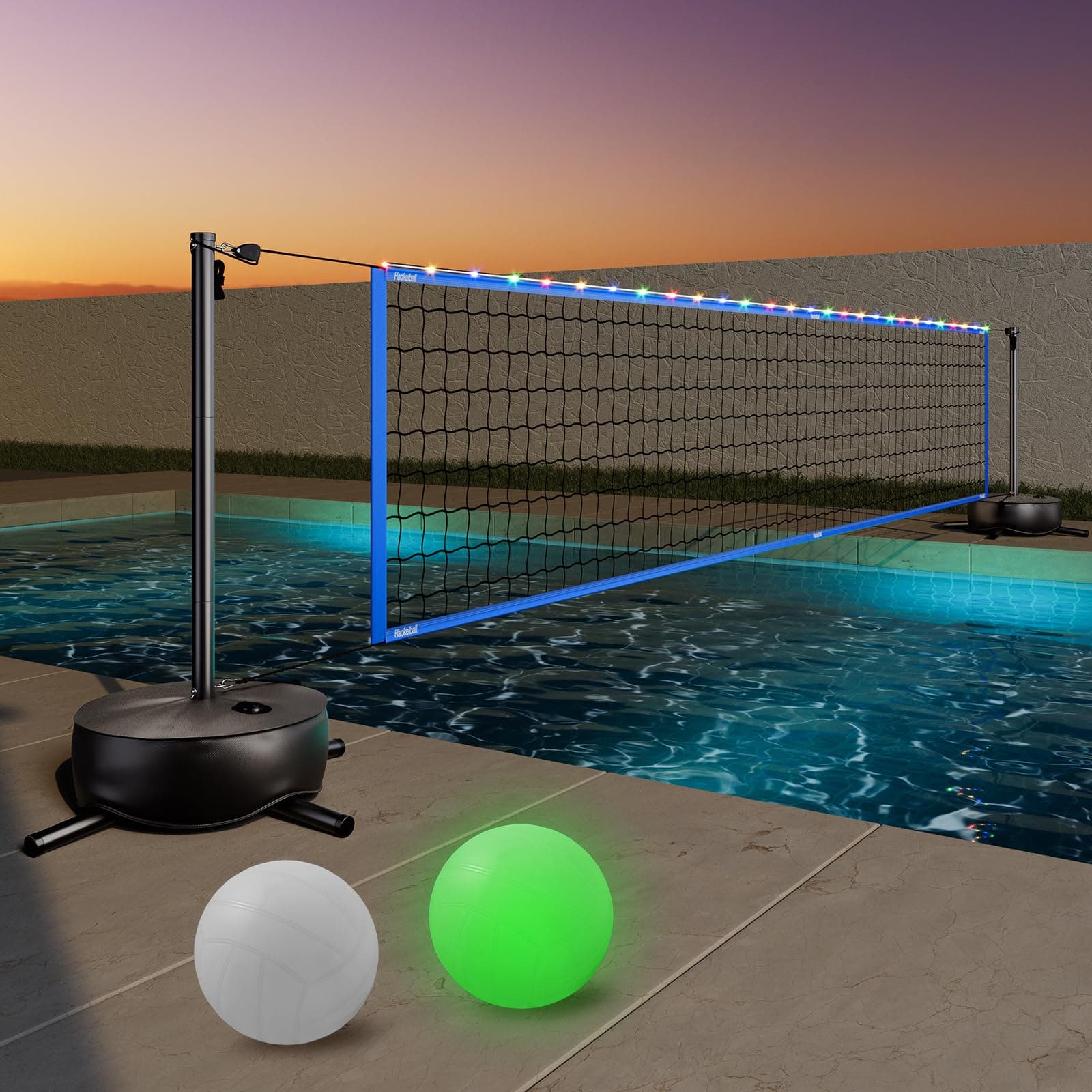 Haokelball Pool Volleyball Net Set 15ft-32ft Length Adjustable Poolside Volleyball Net for Pool with 2 Volleyballs and Pump Easy Setup Pool Volleyball Game with Weighted Base and Carry Bag