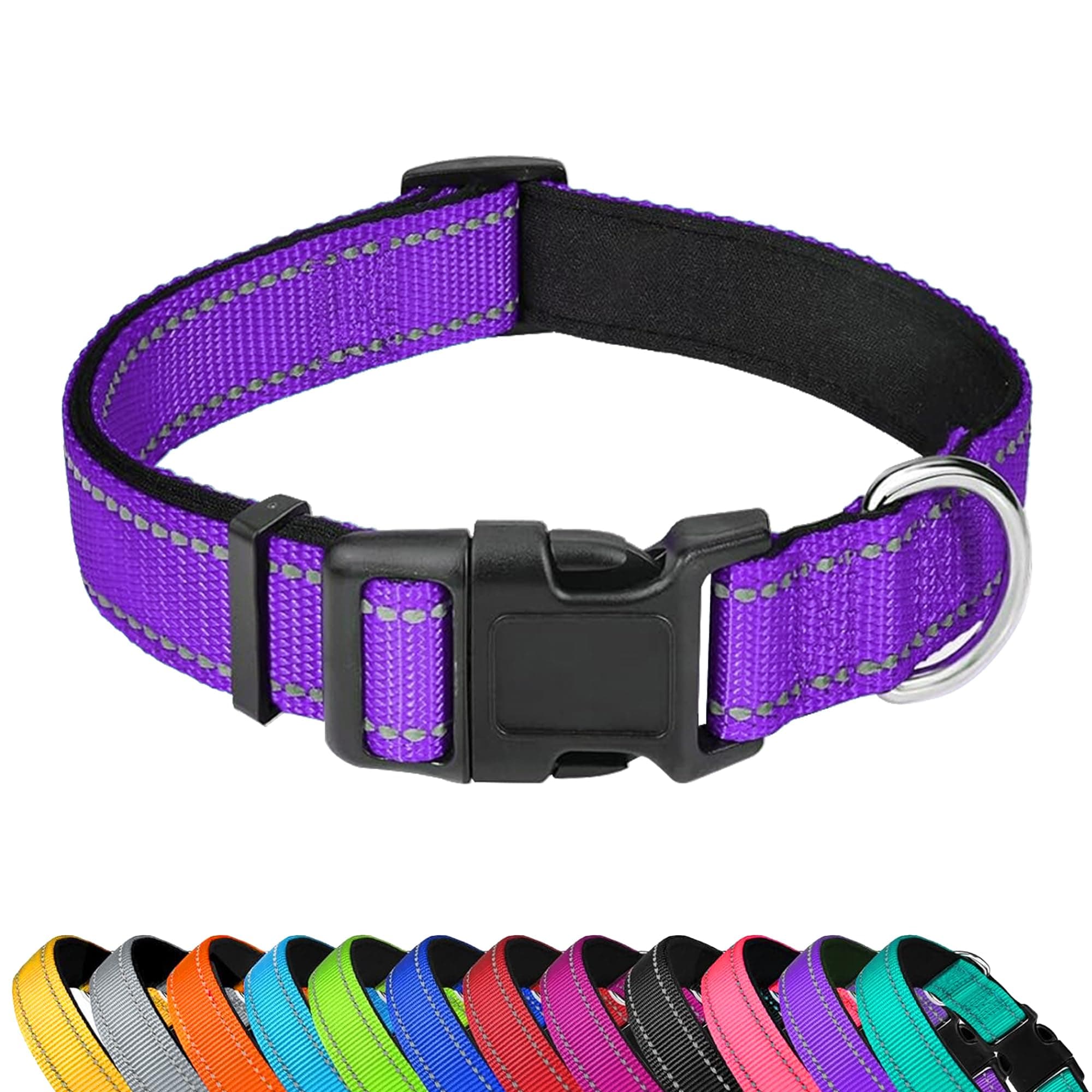 Reflective Dog Collar, Adjustable Soft Neoprene Padded Nylon Pet Collars with Buckle for Large Dogs,L, Purple