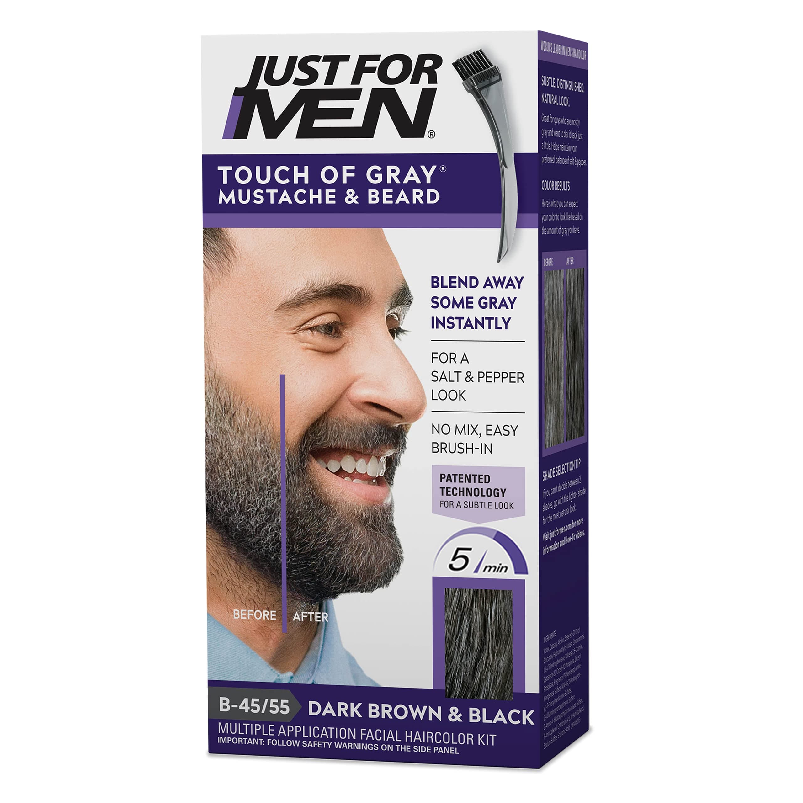 Touch of Gray Mustache & Beard, Beard Coloring for Gray Hair with Brush Included for Easy Application, Great for a Salt and Pepper Look - Dark Brown & Black, B-45/55, Pack of 1