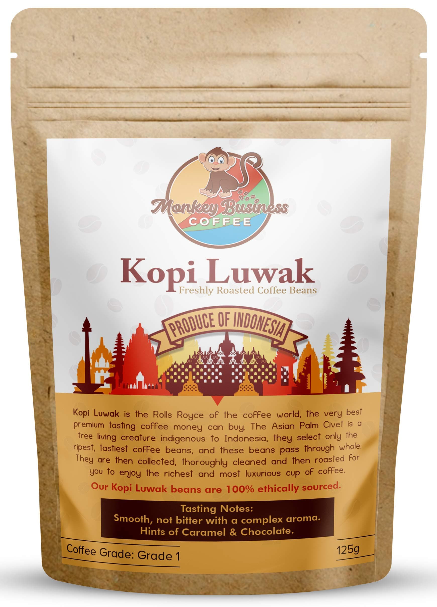 Monkey Business Coffee - Wild Kopi Luwak Coffee Ground Beans - Ethically Sourced - 125 Grams (Other Weights & Bean Types Available) - Produce of Indonesia