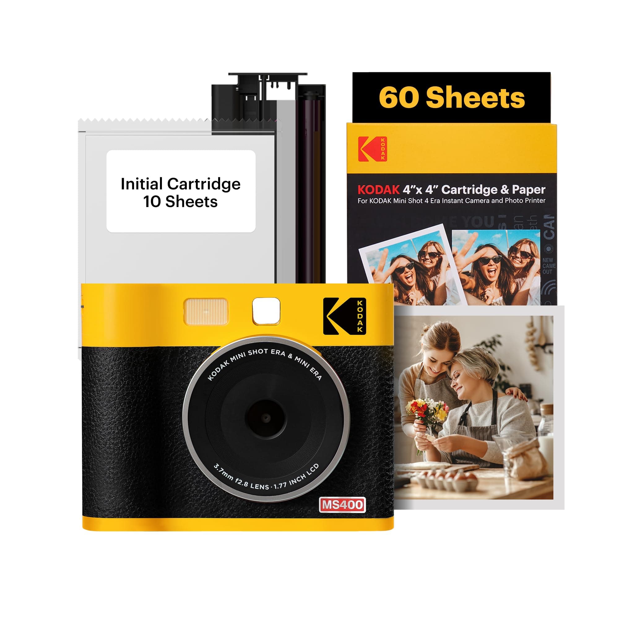 KODAK Mini Shot 4 ERA 4PASS 2-in-1 Instant Camera and Photo Printer (4x4) (Yellow, Camera + 70 Sheets)