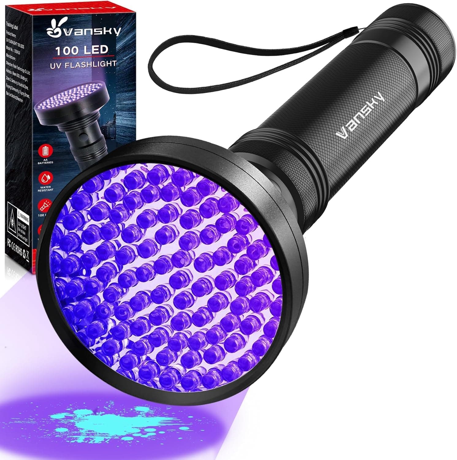 Vansky UV Light Blacklight Flashlight, 100 LED Ultraviolet Torch 395nm for Detecting Cat/Dog Urine Stains, Curing UV Resin, OCD Cleaning, Finding Golf Balls/Scorpions