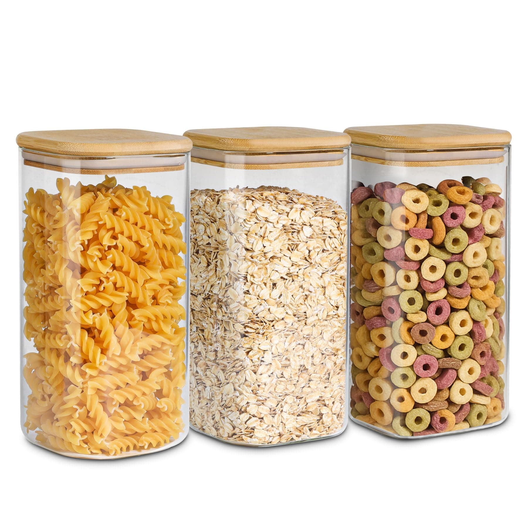 Airtight Glass Storage Canister with Wood Lid (50oz), Clear Food Storage Container Jar with Sealing Bamboo Lid for Noodles Flour Cereal Rice Sugar Tea Coffee Beans, Set of 3