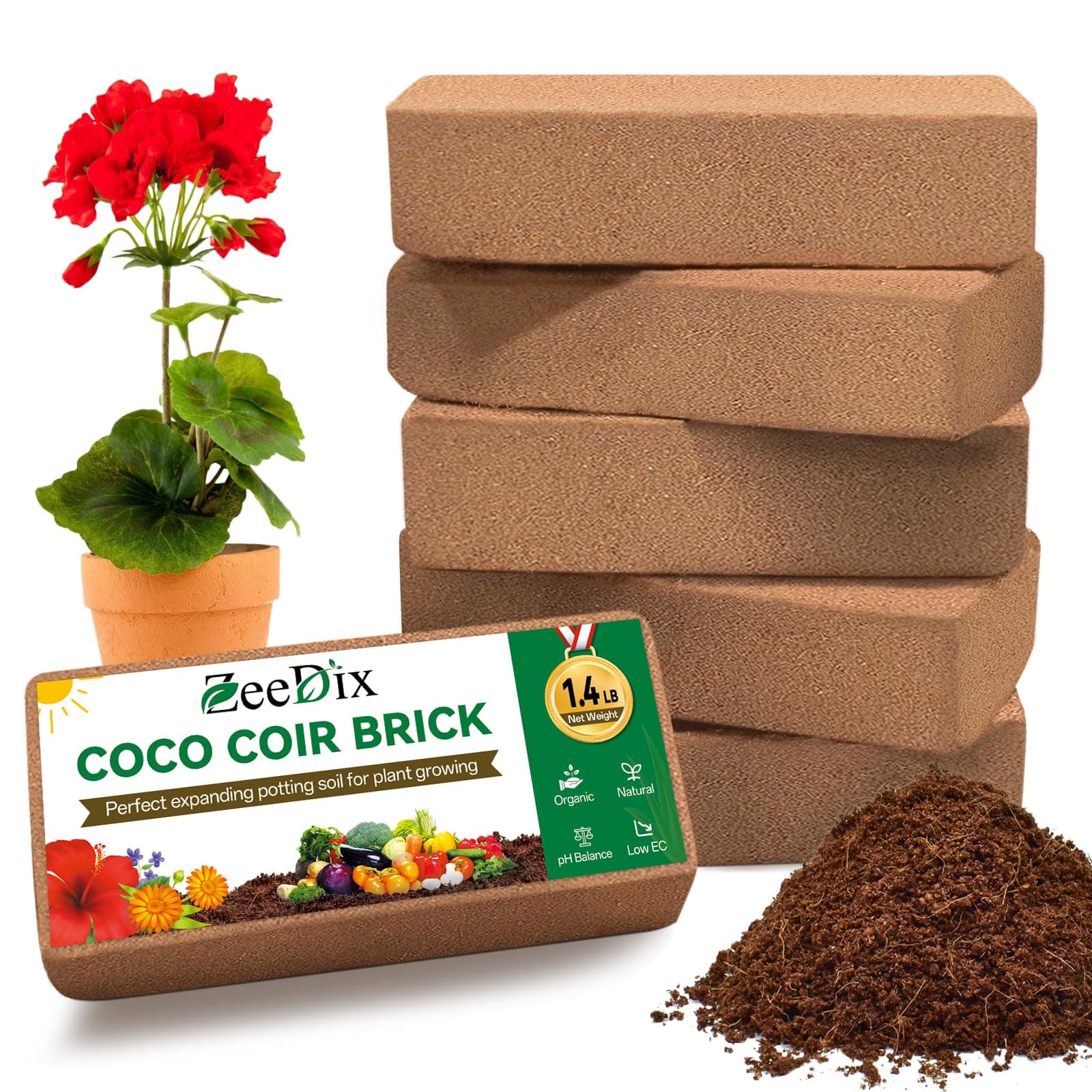 ZeeDix 6 Pcs Coco Coir Brick for Plants, 100% Organic Coconut Coir Bricks with Low EC and pH Balance, Compressed Coconut Husk Bricks for Gardening, Planting, Organic Potting Soil, High Water Retention