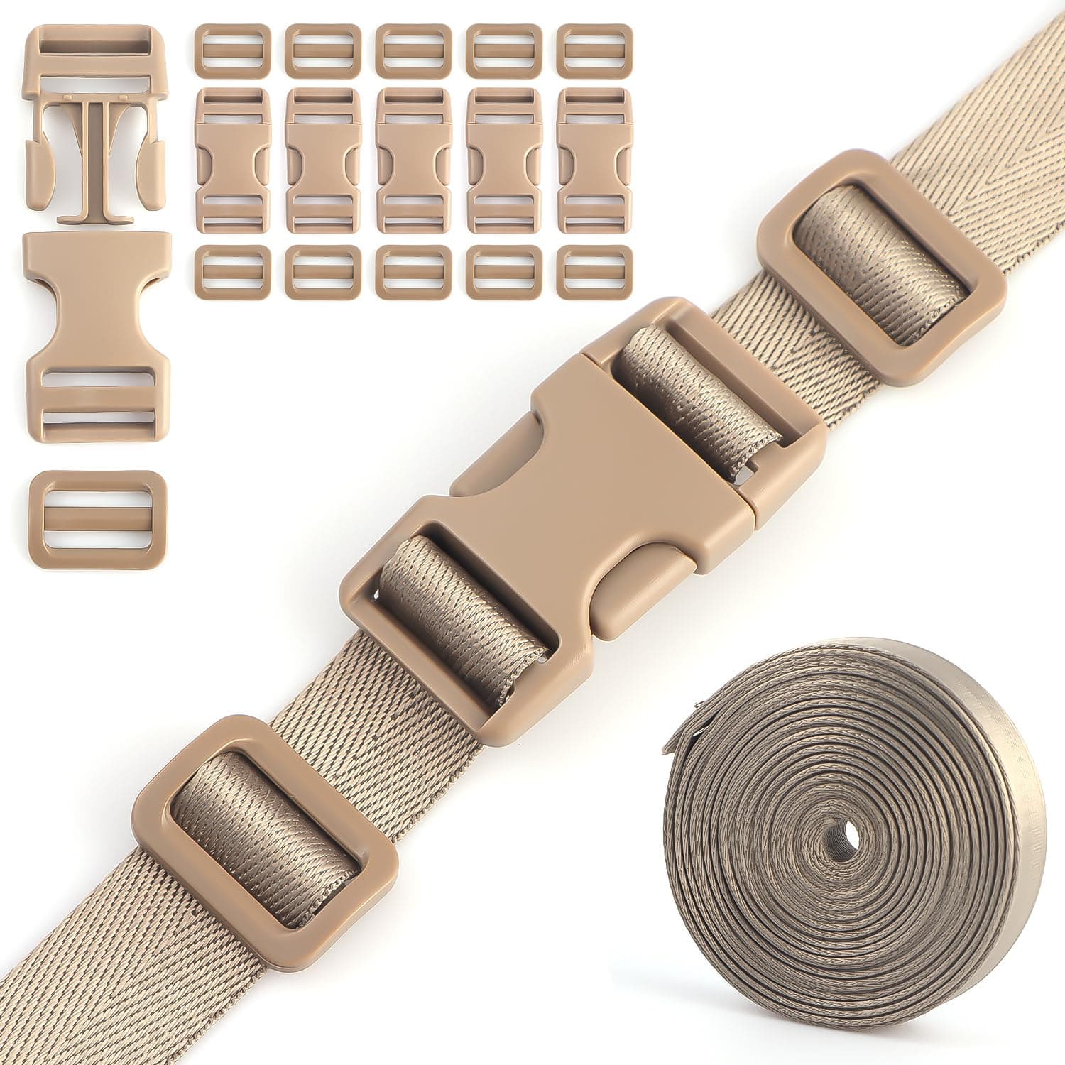 Buckles Straps Kit 1'' - 6 PCS Dual Side Release Buckles, 12 PCS Tri-Glide Sliders, 6 Yards Nylon Webbing 1 inch, Heavy Duty Dual Adjustable No Sewing