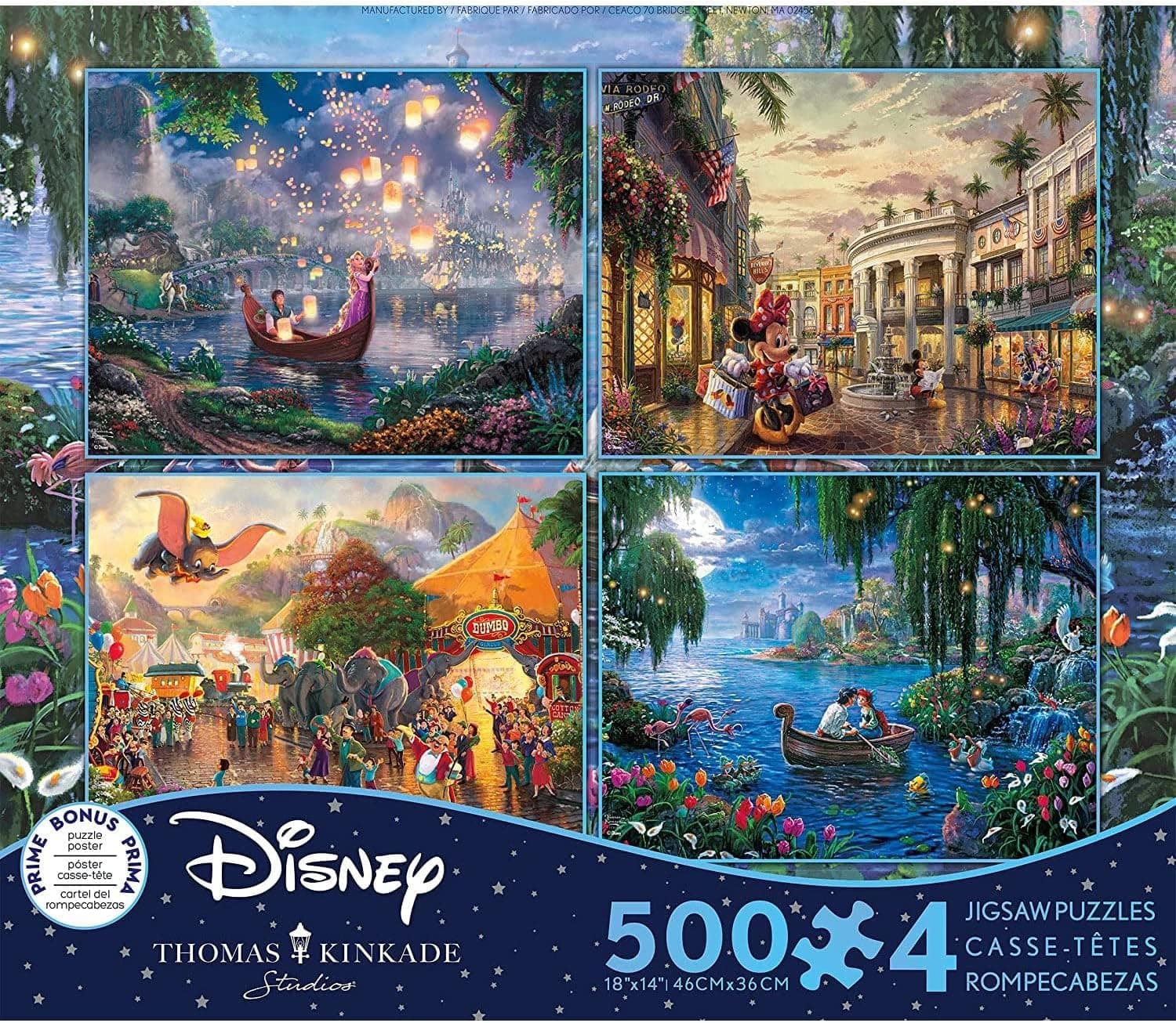 Ceaco - 4 in 1 Multipack - Thomas Kinkade - Disney Dreams Collection - Tangled, Mickey and Minnie Mouse, Dumbo, & The Little Mermaid - (4) 500 Piece Jigsaw Puzzles, Blue