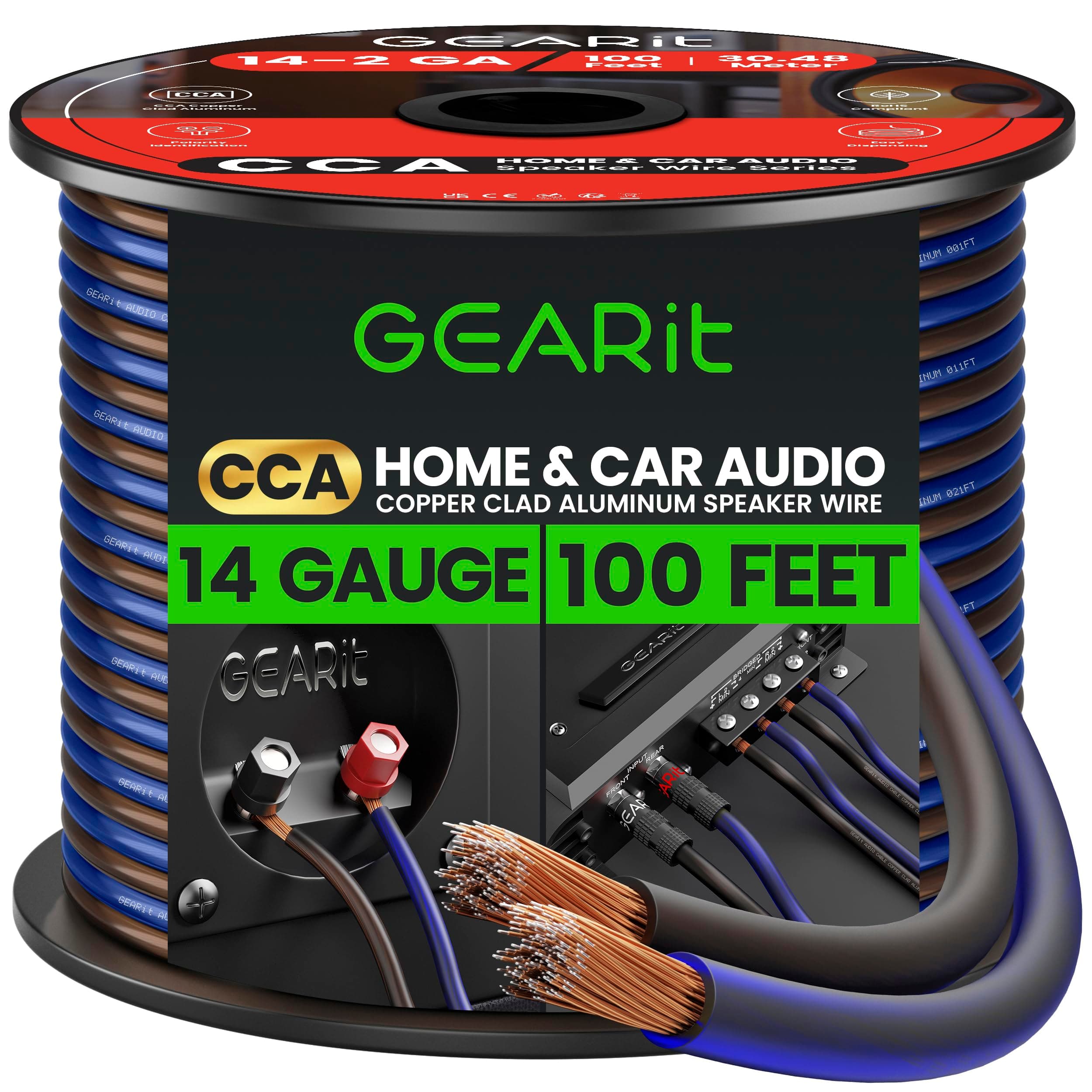 GEARit 14 Gauge Speaker Wire 100ft,Flexible Speaker Cable with Foot Markers & Polarity Markings,14 Gauge Wire for Car Audio & Home Theater Speakers,Audio Cable for DIY Installations,CCA(Black Blue)
