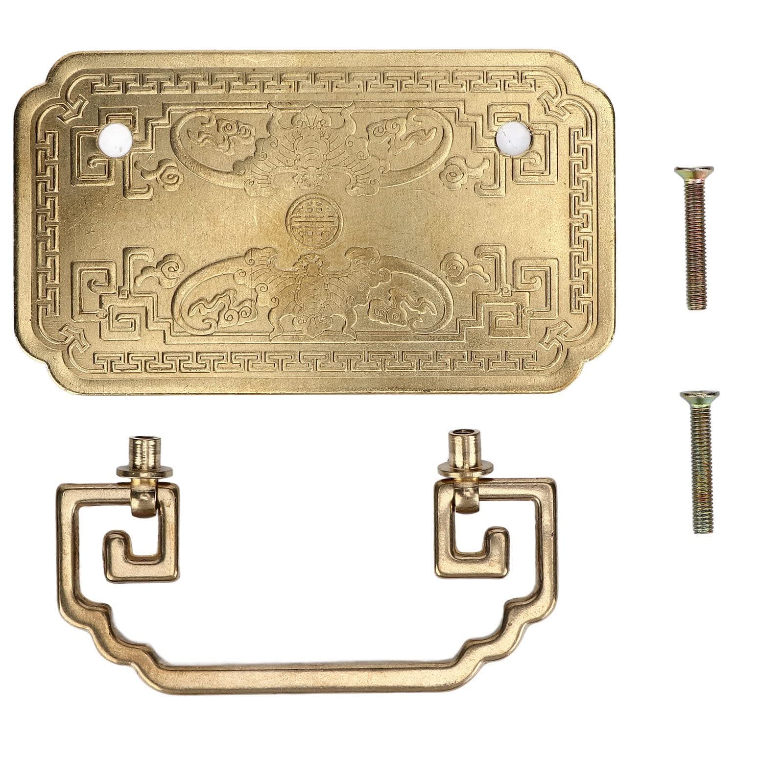 Hyuduo Retro Pure Copper Cabinet and Drawer Pulls with Square Bat and Chinese Knot Design, Thick Vintage Hardware for Bookcase and Dresser with 2 Screws