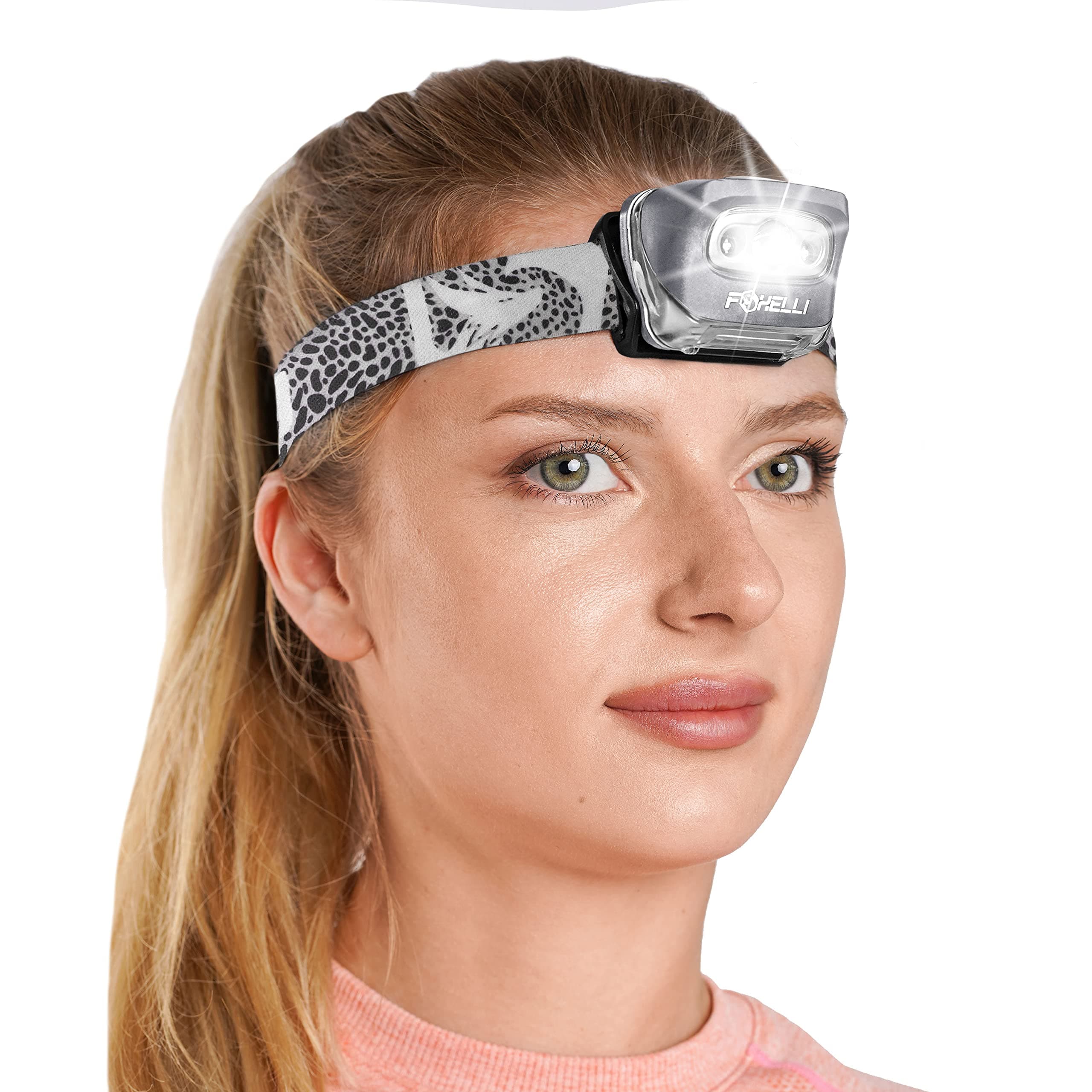 Foxelli LED Headlamp Flashlight for Adults & Kids, Running, Camping, Hiking Head Lamp with White & Red Light, Comfortable Headband, Lightweight & Waterproof, 3 AAA Batteries
