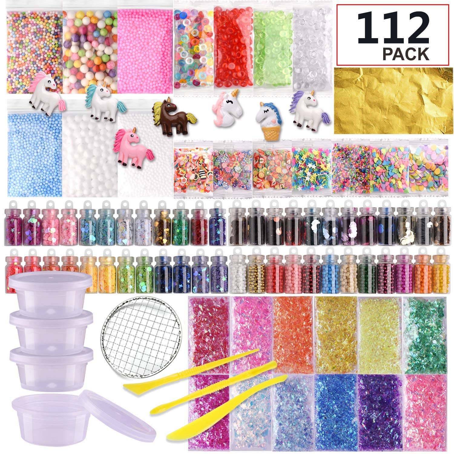 112 Pack Slime Making Kits Supplies,Gold Leaf,Foam Balls,Glitter Shake Jars,Fishbowl Beads,Fruit Slices,Fake Sprinkles,Glitter Sequins Accessories, Slime Tools,Sugar Papers