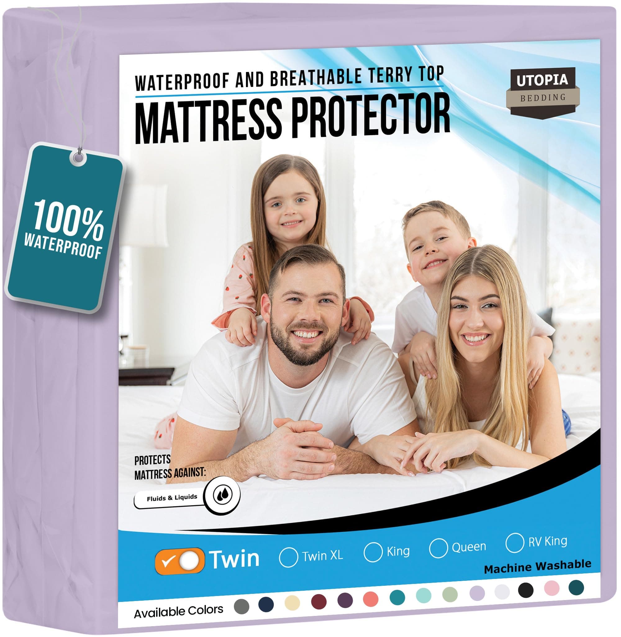 Utopia Bedding Waterproof Mattress Protector Twin Size, Premium Terry Mattress Cover 200 GSM, Breathable, Fitted Style with Stretchable Pockets (Lavender)