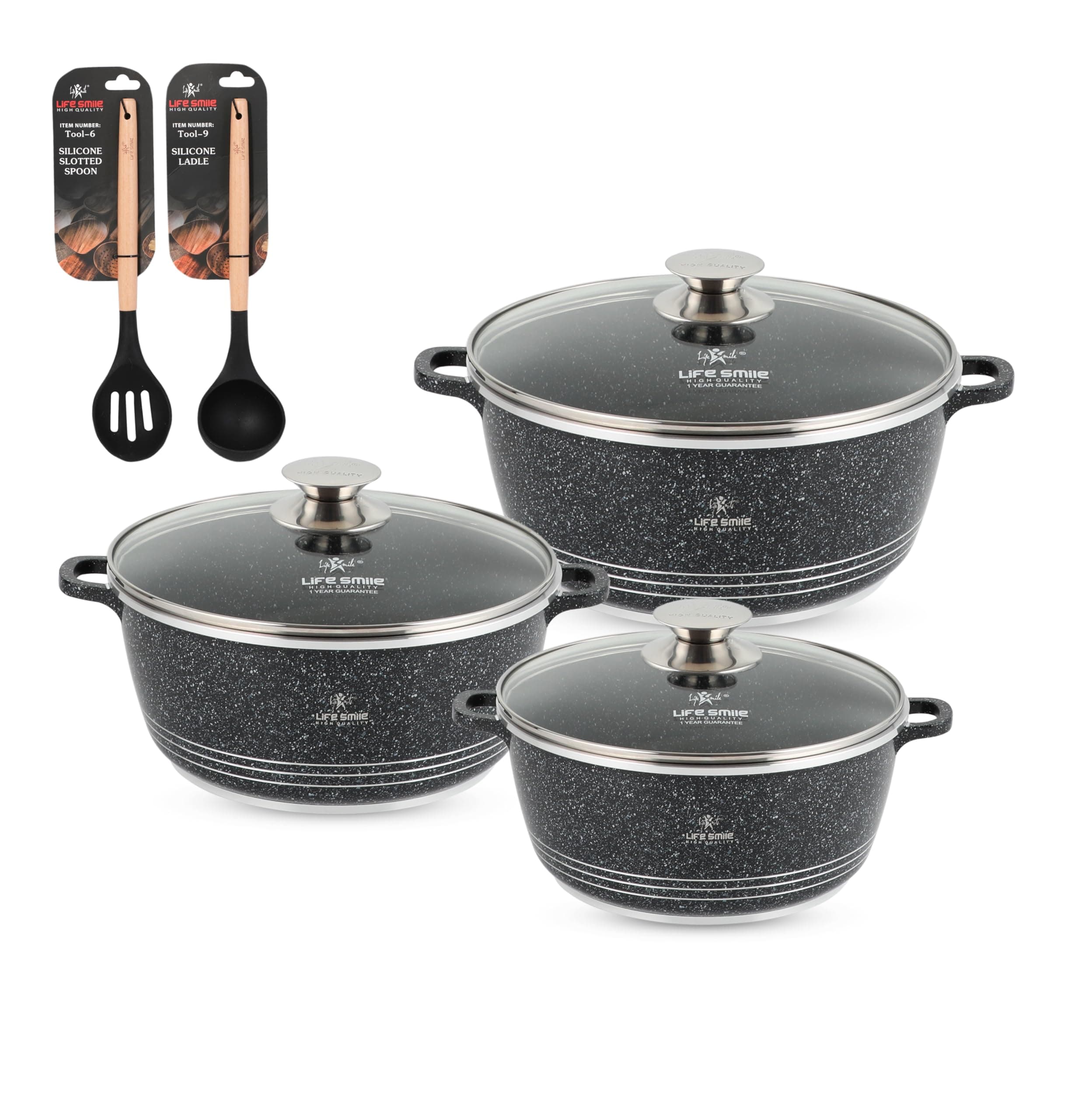 LIFE SMILEPots Set 8 pieces - Kitchen Cookware set, Granite Non Stick Coating, Die Cast aluminum 100% PFOA FREE include Casseroles & Silicone Utensils (Black (20/24/28CM))