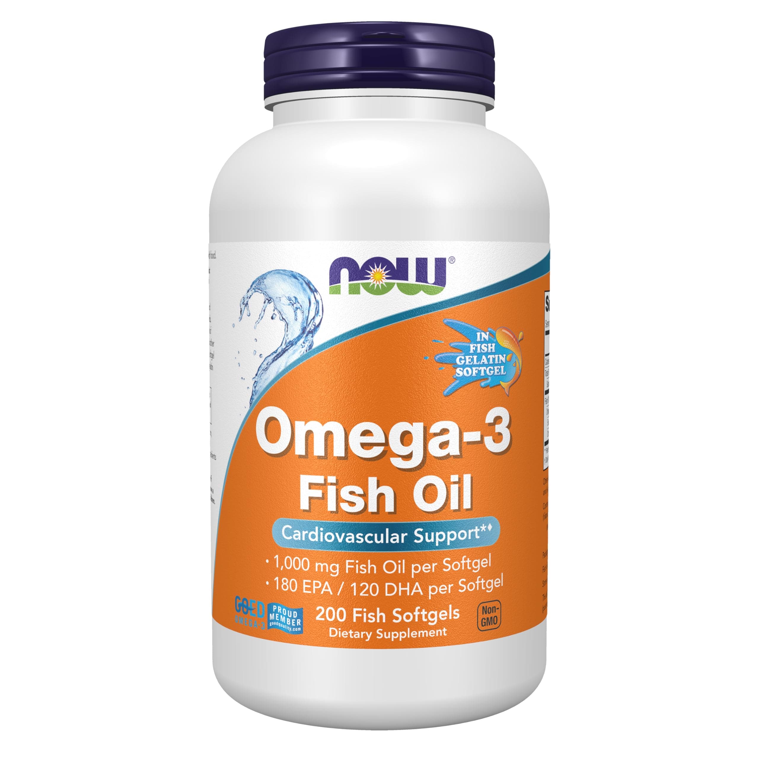 NOW Supplements, Omega-3 180 EPA / 120 DHA, Molecularly Distilled, Cardiovascular Support*, 200-Fish Gelatin Softgels