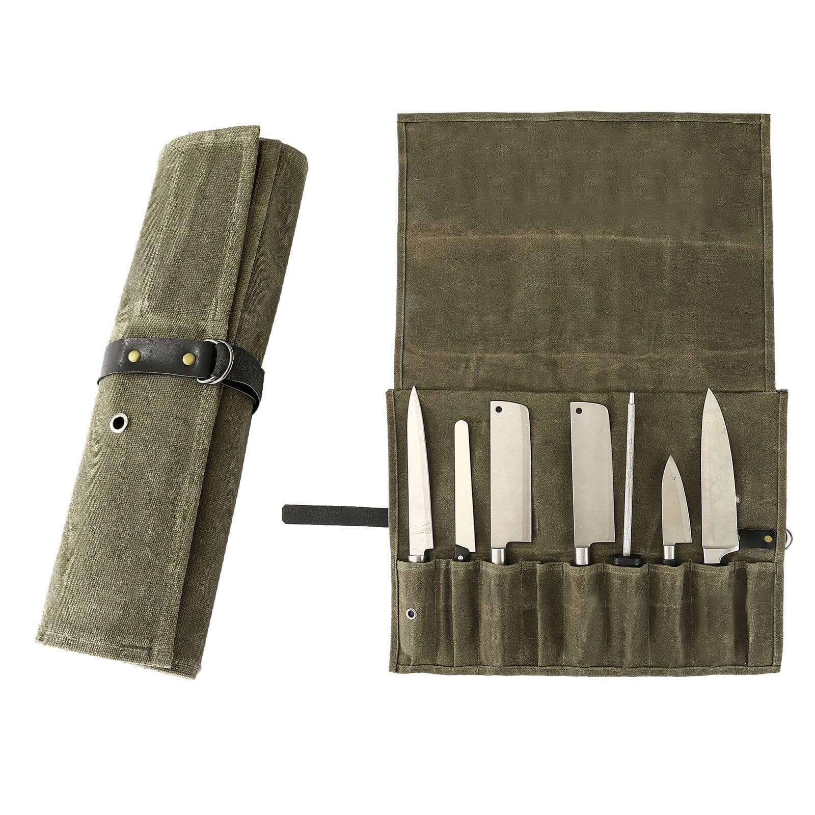 Chef Knife Roll Bag, 9 Pockets Canvas Knife Case, Knife Bag, Knife Wrap Wallet, Cutlery Knife Pouch Holders Protectors for Chef Knives Kitchen Utensils, Tool Roll (Army Green)