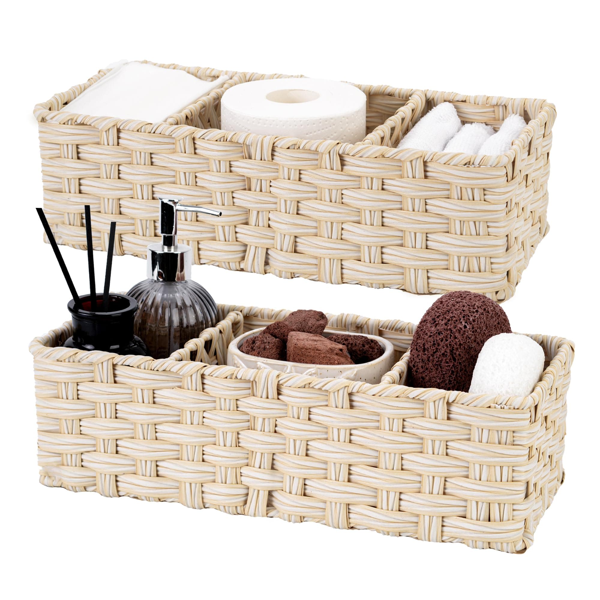 GRANNY SAYS Bathroom Baskets for Organizing, Wicker Basket for Storage, Wicker Baskets for Shelves, Waterproof Back of Toilet Storage Basket, 3 Section Bathroom Organizer Basket, 2-Pack