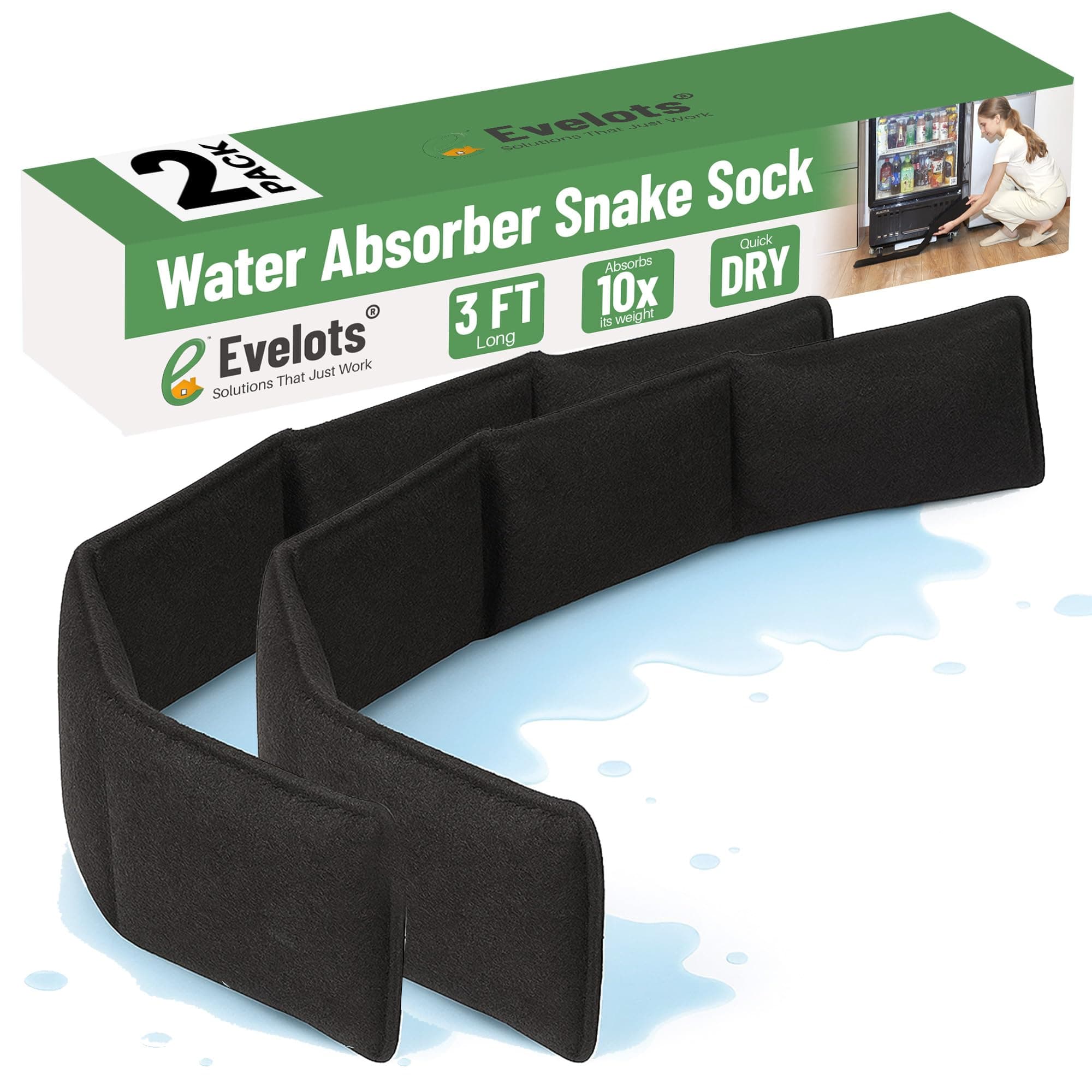 Evelots Water Absorber Snake Sock -2 Pack-Reusable Water Barrier - Absorbs 10 Times its Weight-Great for Leaks & Spills from Doors, Windows, Water Tank, Heavy Rain, Shower Tub-3 Feet Long