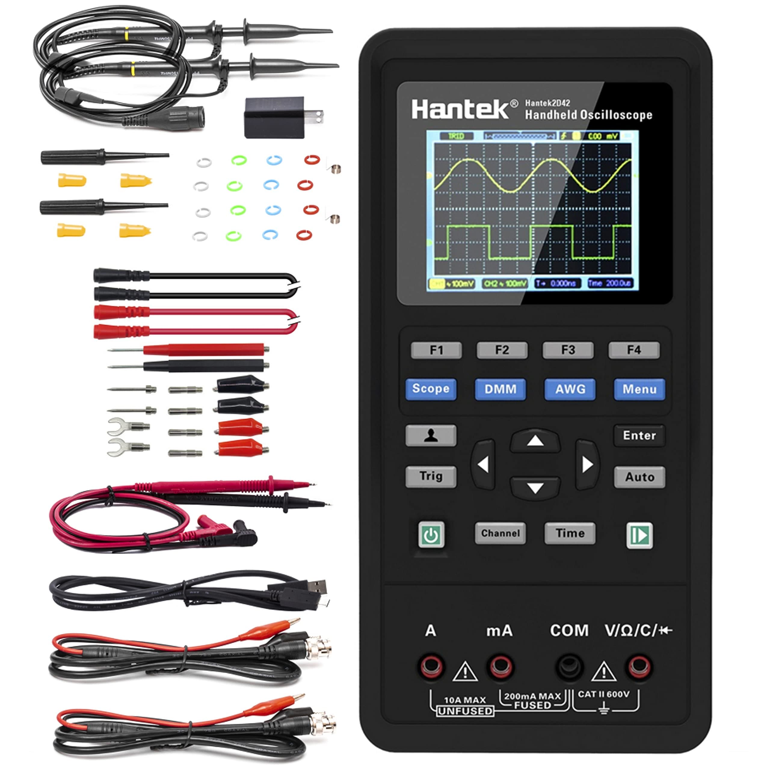Hantek 3in1 Handheld Oscilloscope, 40MHz 2CH Automatic Digital Oscilloscope, Multimeter, Waveform Generator with LCD Color Screen, Chargeable with Replaceable Lithium Battery, 2CH+AFG+DMM 2D42