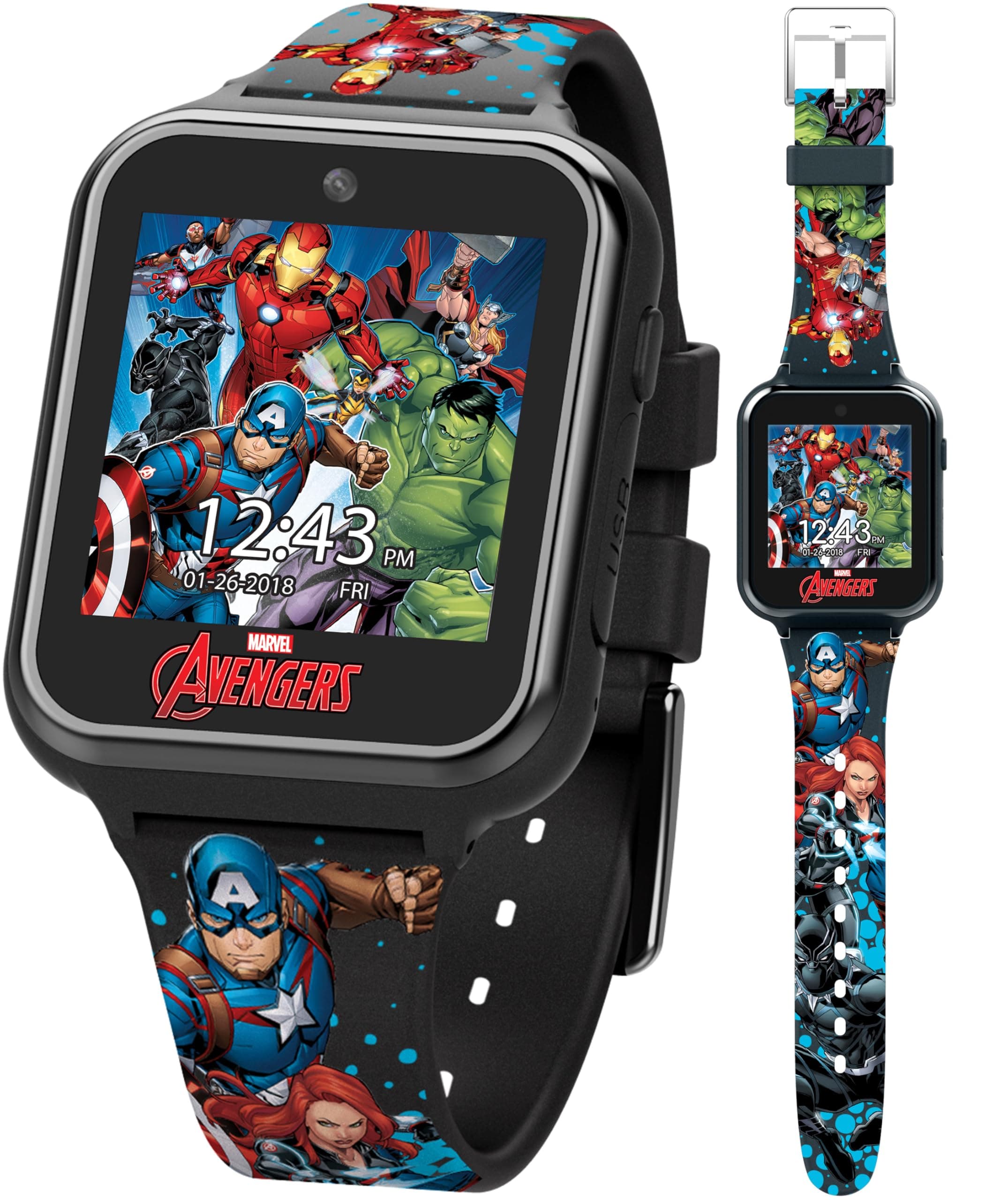 Accutime Avengers Interactive Kids Watch Touch-Screen, Built in Selfie-Camera, Easy-to-Buckle Strap Smartwatch (Multicolour)