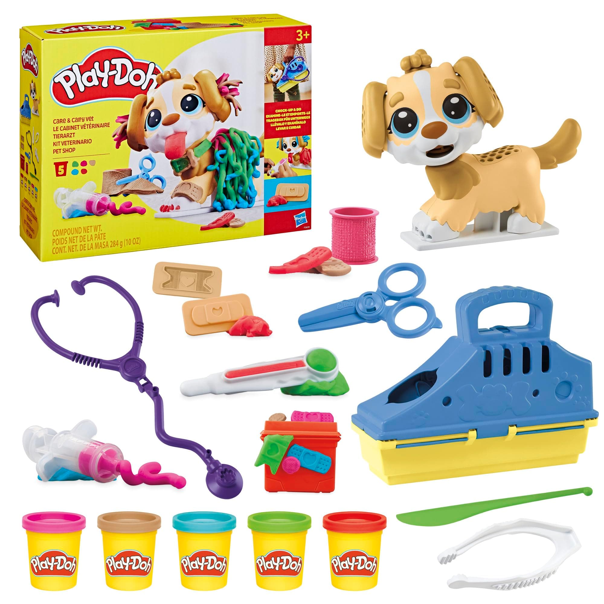 Play-Doh Veterinary Cabinet with Dog, Case with Storage, Multi-Colour, 10 Tools, 5 Pots of Non-Toxic Modelling Dough, for Children 3+