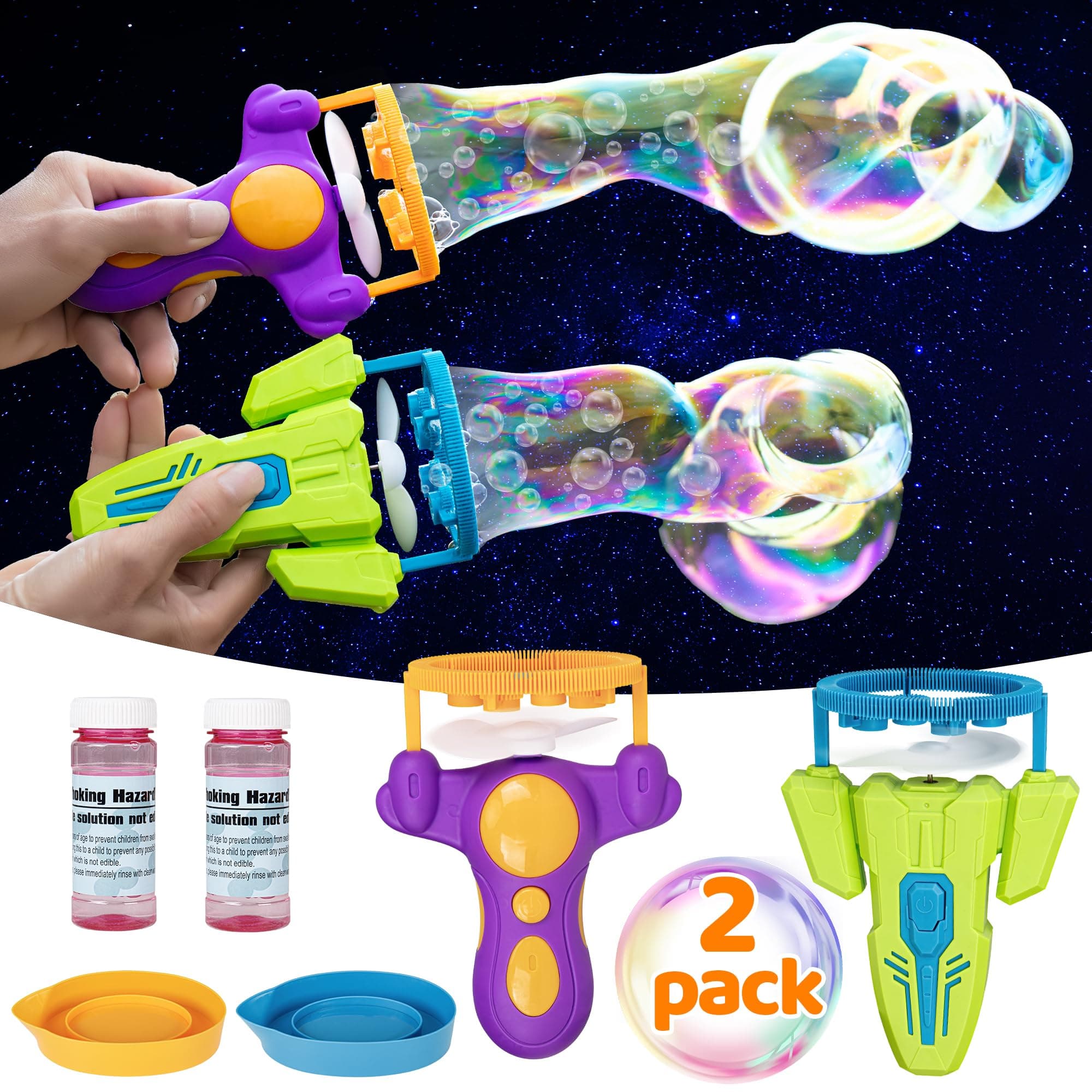2 Pack Bubble Machines, Bubble in Bubble Guns for Kids and Toddlers, Bubble Blower Bubble Maker for 3 4 5 6 7 8 9 Years Old Boys and Girls, Ideal Summer Toys Party Favors Birthday Gifts, Green&Purple