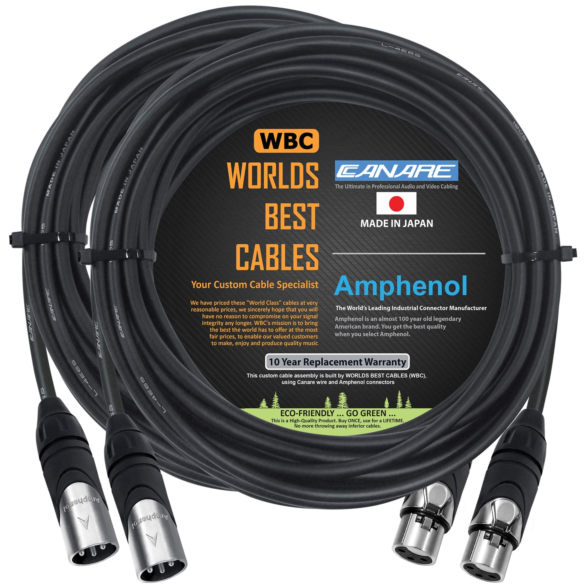 WORLDS BEST CABLES 2 Units - 20 Foot - Canare L-4E6S, Star Quad Balanced Male to Female Microphone Cables with Amphenol AX3M & AX3F Silver XLR Connectors Custom Made