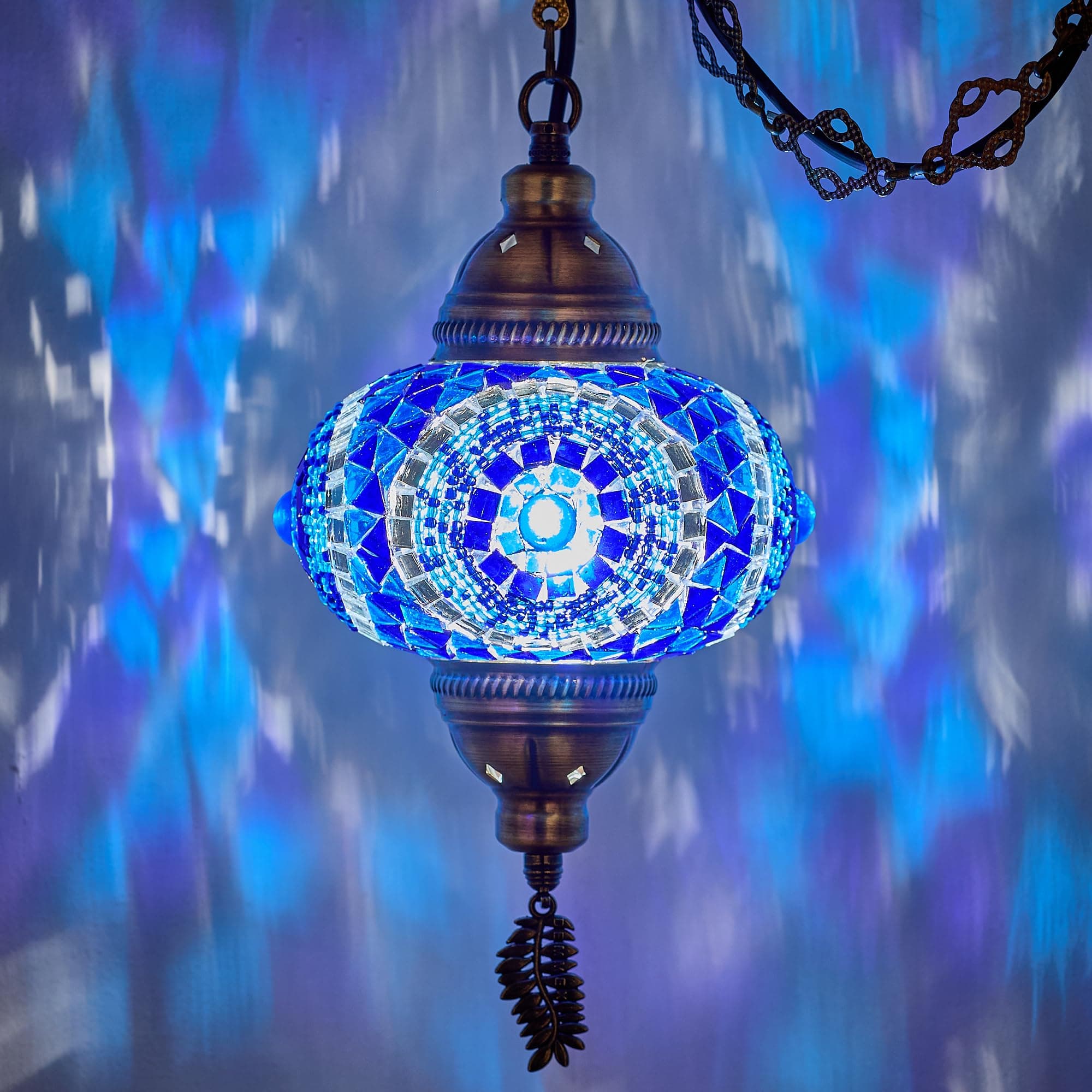 Plug in Pendant Light, Turkish Moroccan Mosaic Ceiling Hanging Pendant Light Fixture Lamp, 6.5" Shade, 15ft Thick Leaf Type Metal Chains, Cord & Plug (Blue)