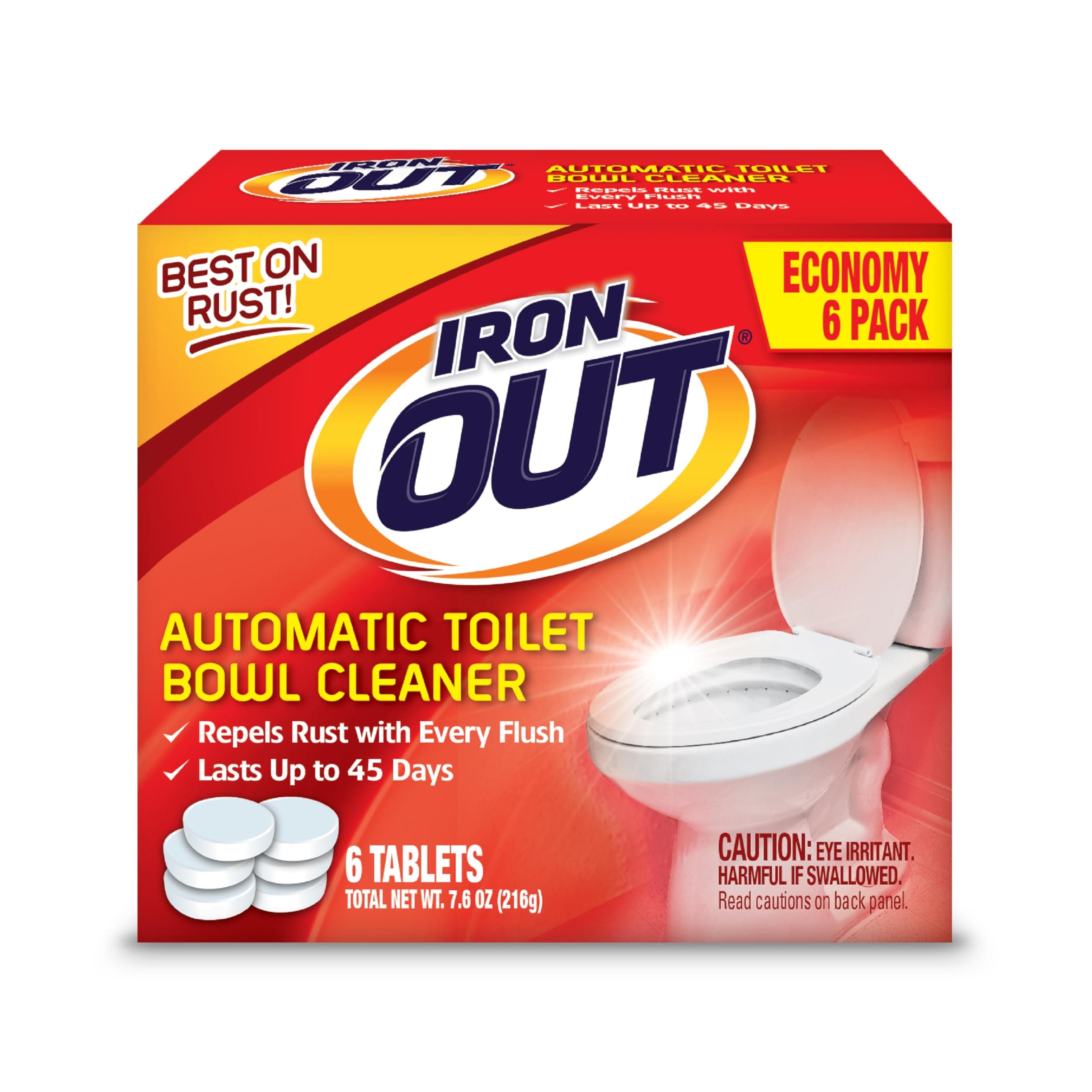 Iron OUT Automatic Toilet Bowl Cleaner Tablets, Helps Remove and Prevent Rust Stains with Every Flush, Lasts up to 45 Days, Made in the USA, 6 Tablets