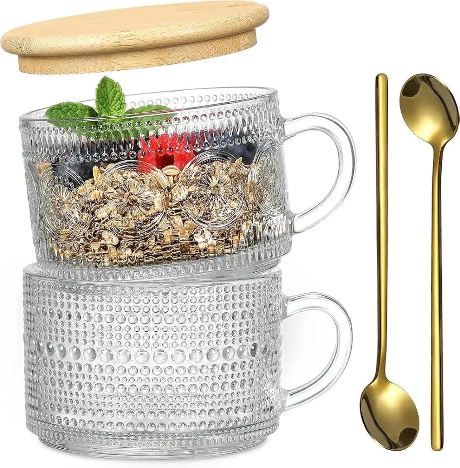 Classic Retro Vintage Style Embossed Coffee 14oz Mugs 2 Cups w/Bamboo Lids and Golden Stainless Steel Spoons Coffee, Cappuccino,Tea, Fruit, Yogurt, Overnight Oats