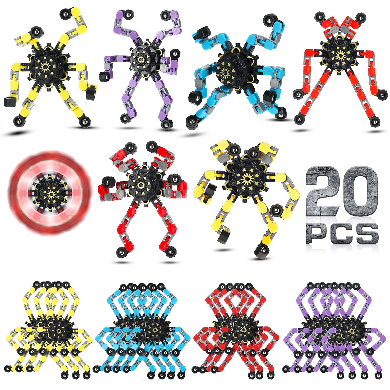 Charniol 20 Pcs Transformable Fidget Spinner Toys Funny Sensory Chain Robot Fidget Spinner DIY Deformed Mechanical Spiral Stress Relief Gifts for Kids Boys Adults Halloween Christmas Stuffers