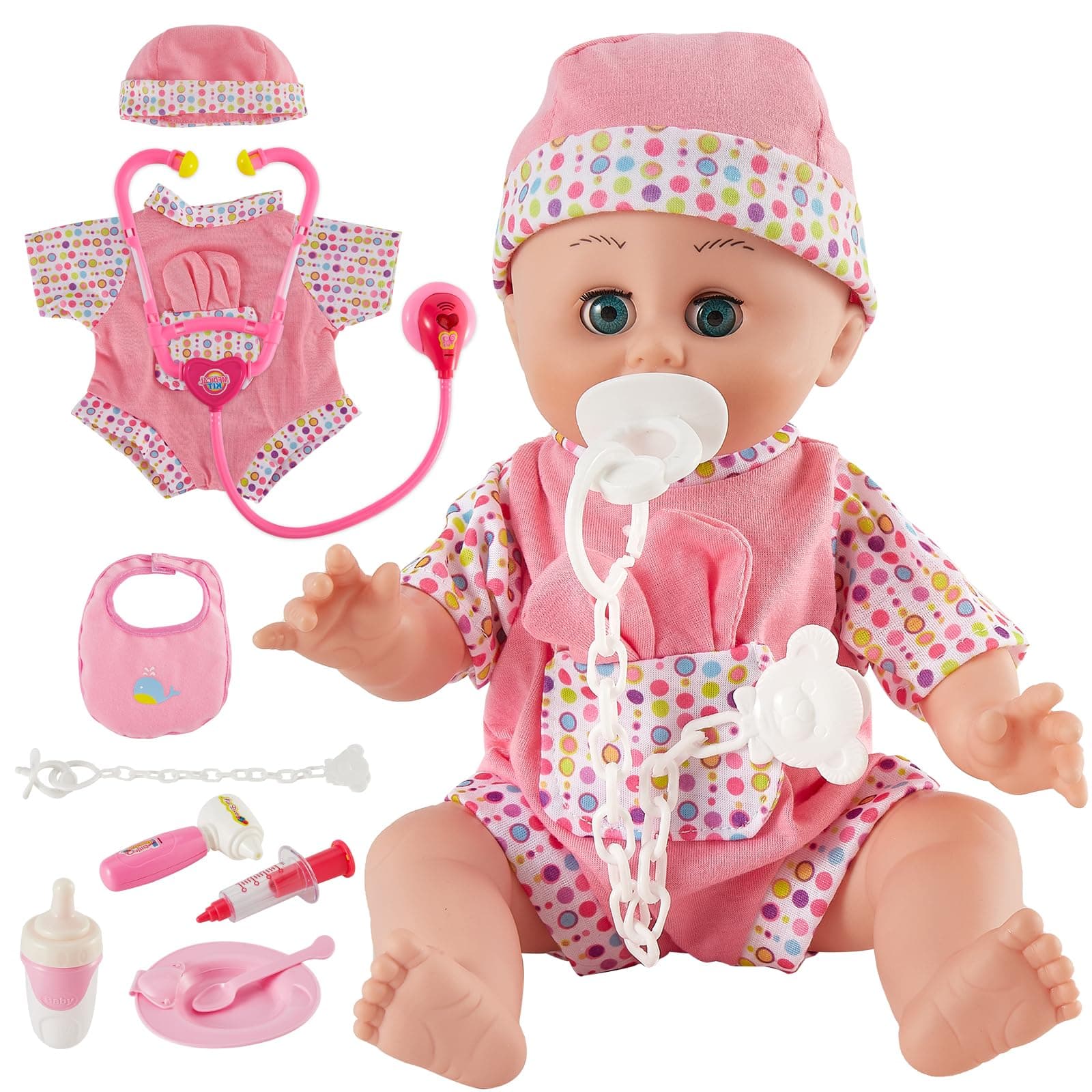 HERSITY Baby Dolls Play Set with 12 Tones and Automatic Opening and Closing Eyes, Dolls Dresses Doctor Case Children, Educational Toy Role Play 2 3 Year Old Girls