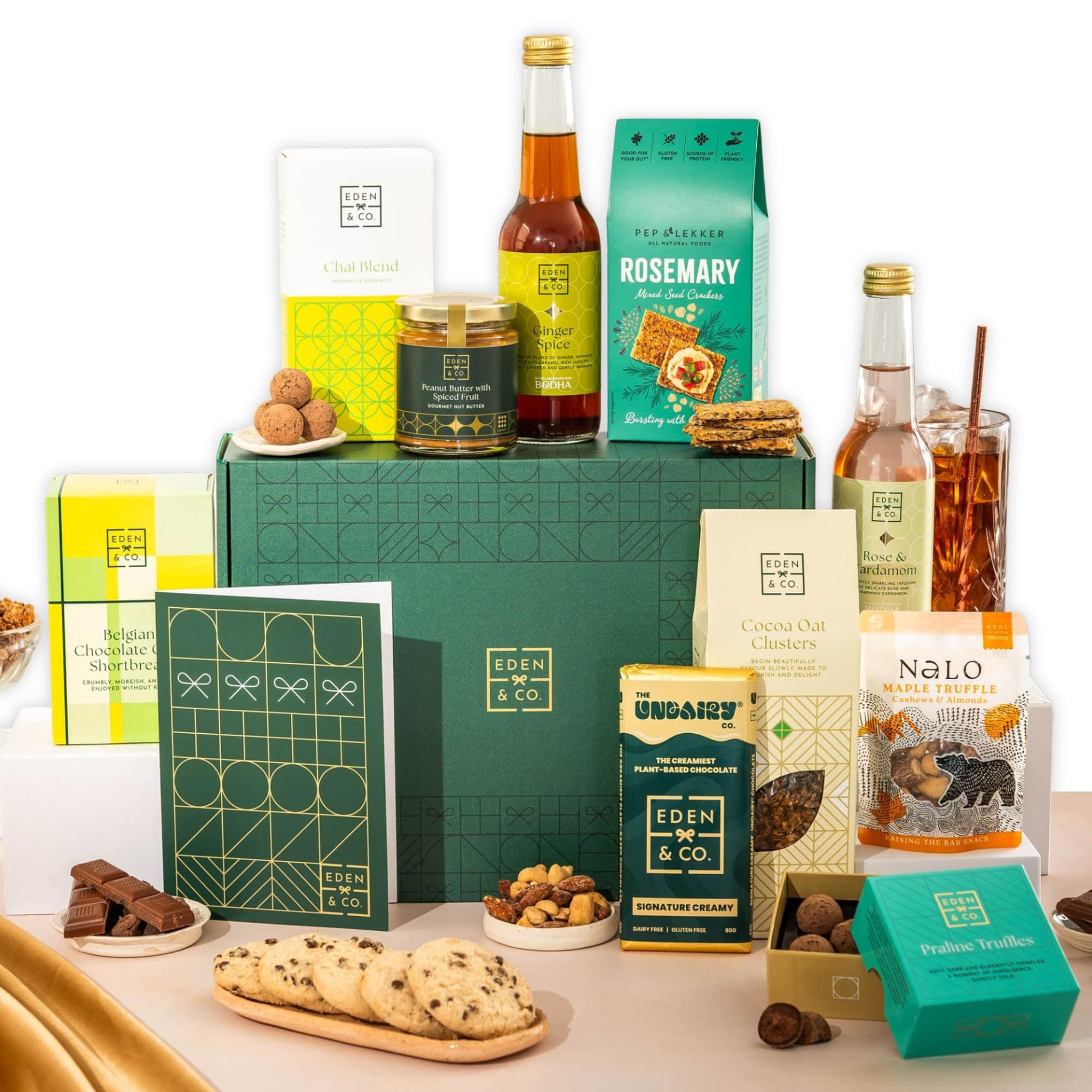 Vegan Hamper with Truffles & Hot Chocolate Set, Gift Hamper Women & Men Plus 2 Non-Alcoholic Mocktails by EDEN & CO