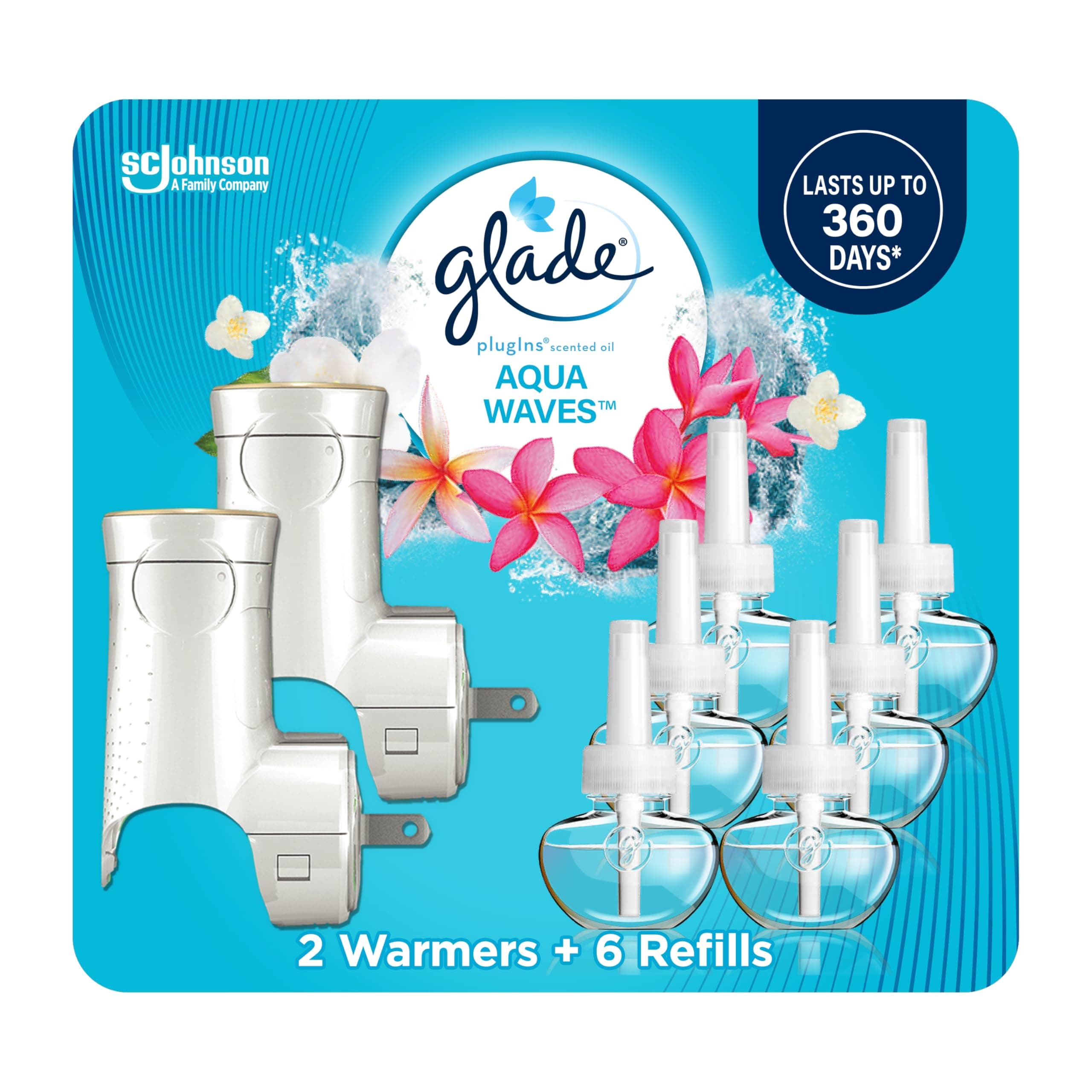 PlugIns Refills Air Freshener Starter Kit, Scented and Essential Oils for Home and Bathroom, Aqua Waves, 4.02 Fl Oz, 2 Warmers + 6 Refills