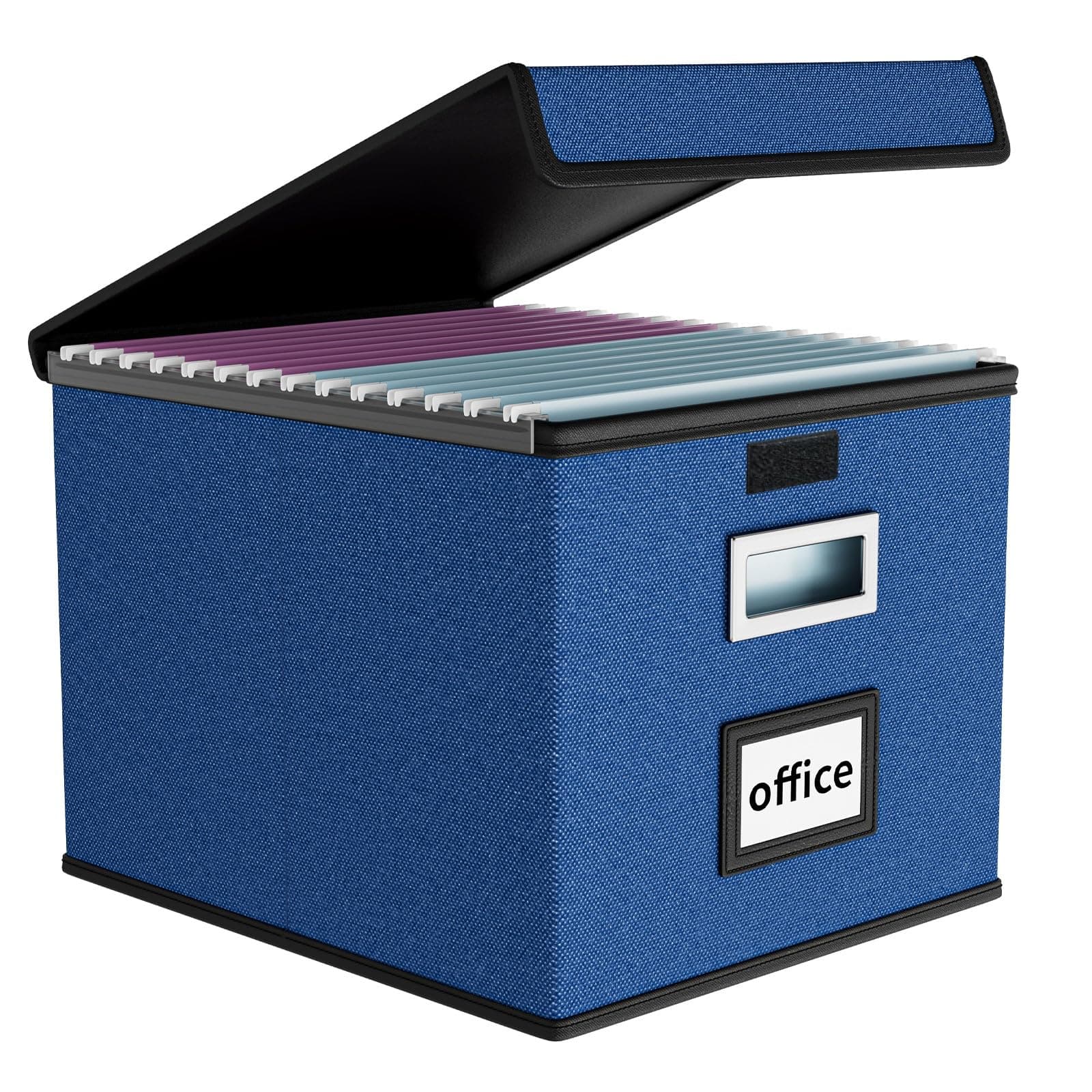 Huolewa File Organizer Box with Lid, Collapsible File Folder Organizer for Office Document Storage, Filing Box with Plastic Slide for Letter Size Hanging File Folders(1 Pack, Royal Blue)