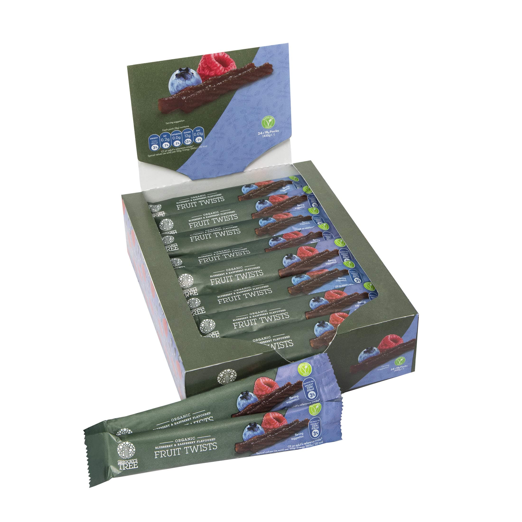 24 x 18grams Gregory's Tree Organic Blueberry & Raspberry Fruit Twists