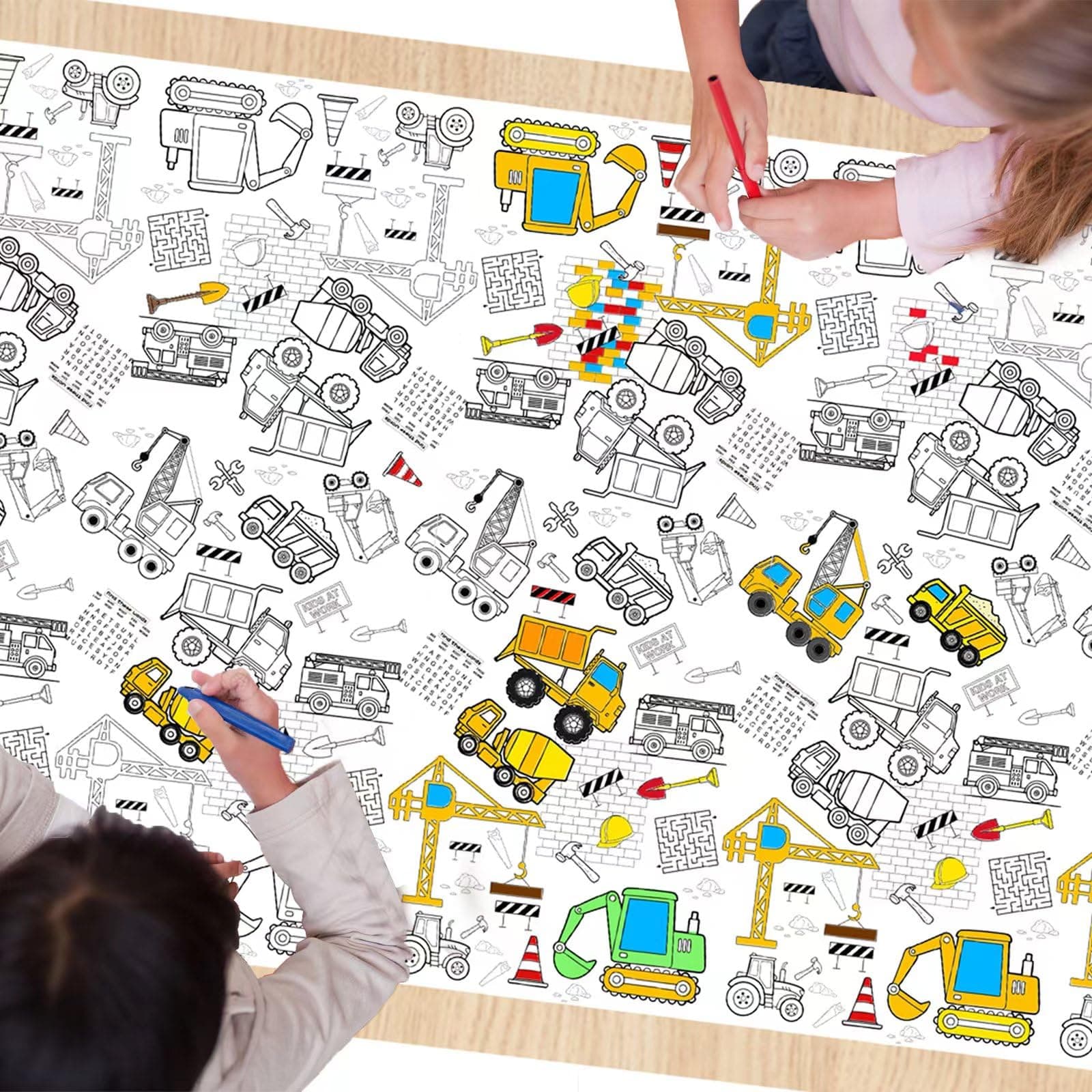 1 Pack Construction Coloring Table Cloth for Kids - Giant Construction Theme Color-in Paper Poster, Dump Truck Painting Activity Tablecloth for Construction Birthday Party Supplies Favors, 54 x 108 In