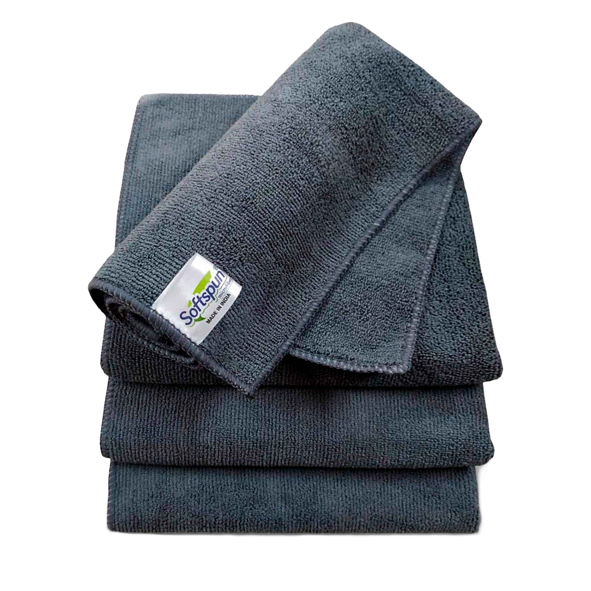 SOFTSPUN Microfiber Cloth - 4 pcs - 40x40 cms - 340 GSM Grey! Thick Lint & Streak-Free Multipurpose Cloths - Automotive Microfiber Towels for Car Bike Cleaning Polishing Washing & Detailing.